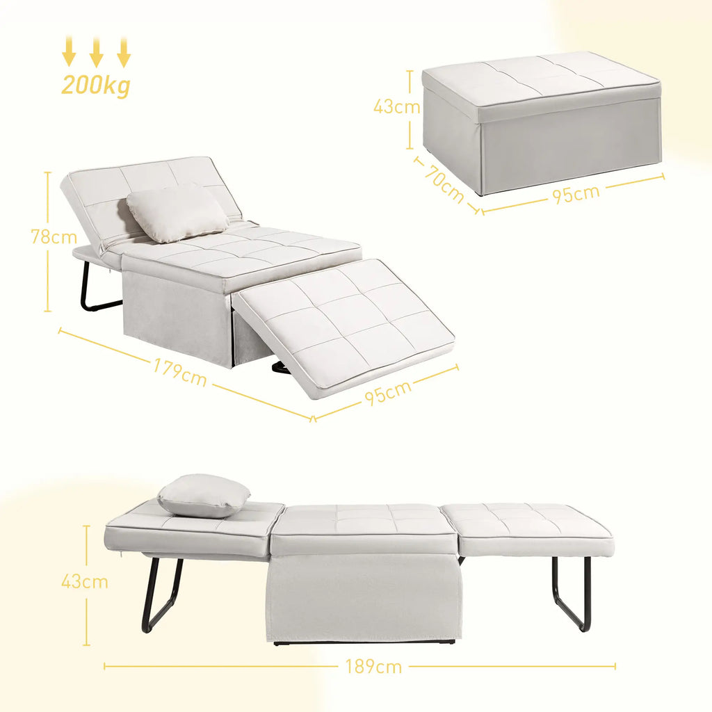 Sofá Cama Individual 3 em 1 Estofado em Linho Sofá Reclinável em 5 Posições com Apoio para os Pés e Apoio para a Cabeça para Sala de Estar Carga Máxima 200kg 95x189x43 cm Branco Gelo