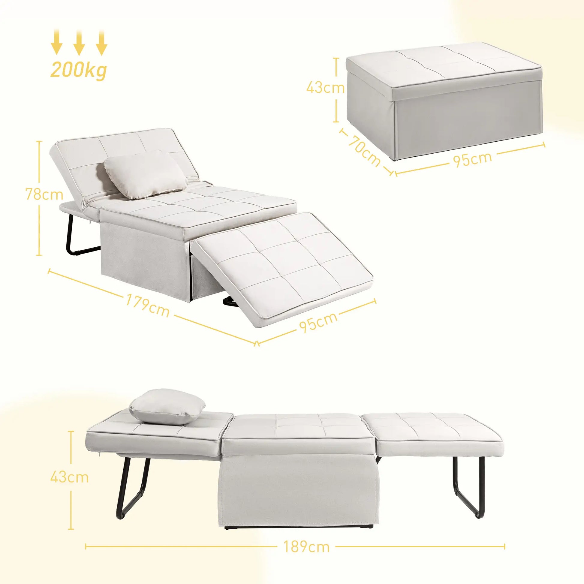 Sofá Cama Individual 3 em 1 Estofado em Linho Sofá Reclinável em 5 Posições com Apoio para os Pés e Apoio para a Cabeça para Sala de Estar Carga Máxima 200kg 95x189x43 cm Branco Gelo