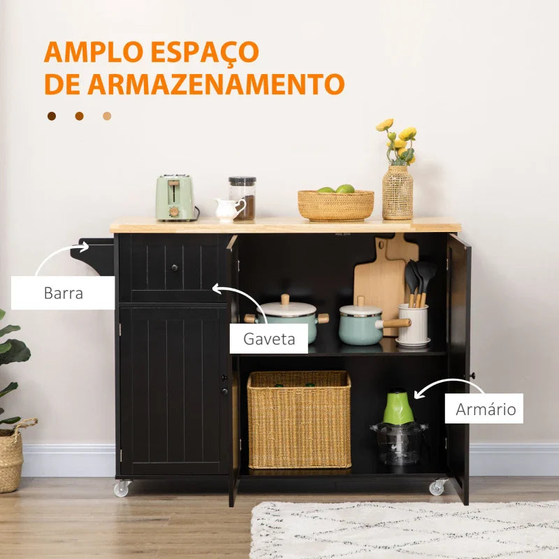 Ilha de Cozinha com Rodas Carrinho de Cozinha com Gaveta 3 Portas Prateleira Ajustável e Suporte para Panos Móvel Auxiliar de Cozinha 135x45x94,5cm Preto e Madeira