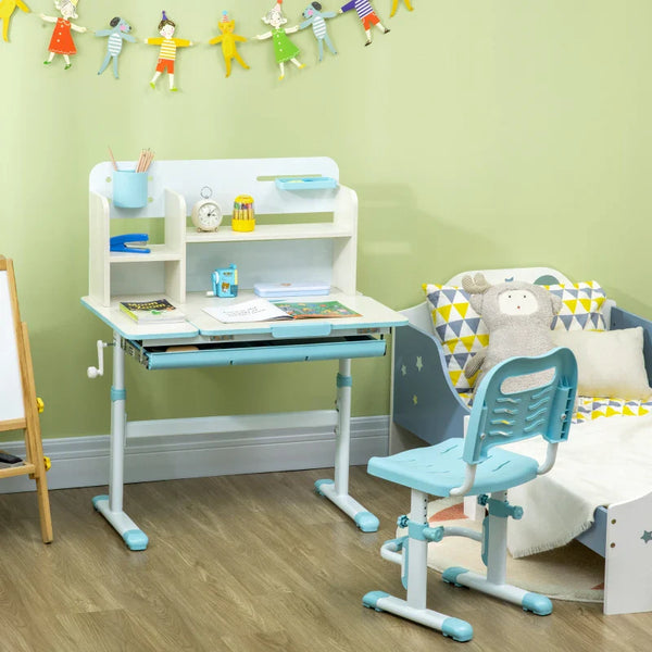 Conjunto de Secretária e Cadeira para Crianças acima de 3 Anos com Altura Ajustável Secretária Infantil com Bancada Inclinável Gaveta e Prateleira para Livros 80x52x88x109cm e 35,5x44,5x66-80cm Azul