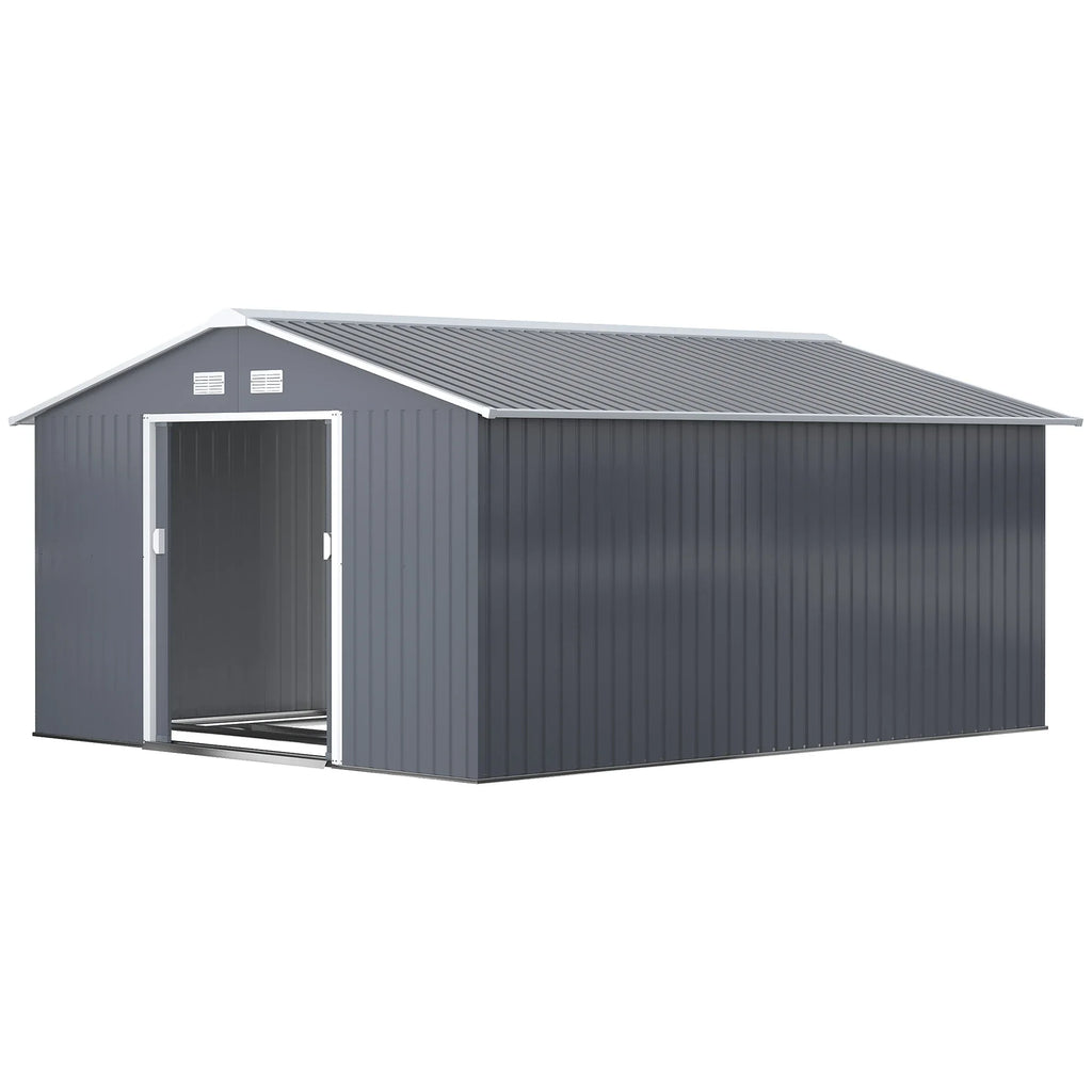 Abrigo de Jardim Metálico 340x386x200cm Abrigo de Exterior para Armazenamento de Ferramentas com Base Incluida 4 Janelas de Ventilação e Porta Corredeira Cinza