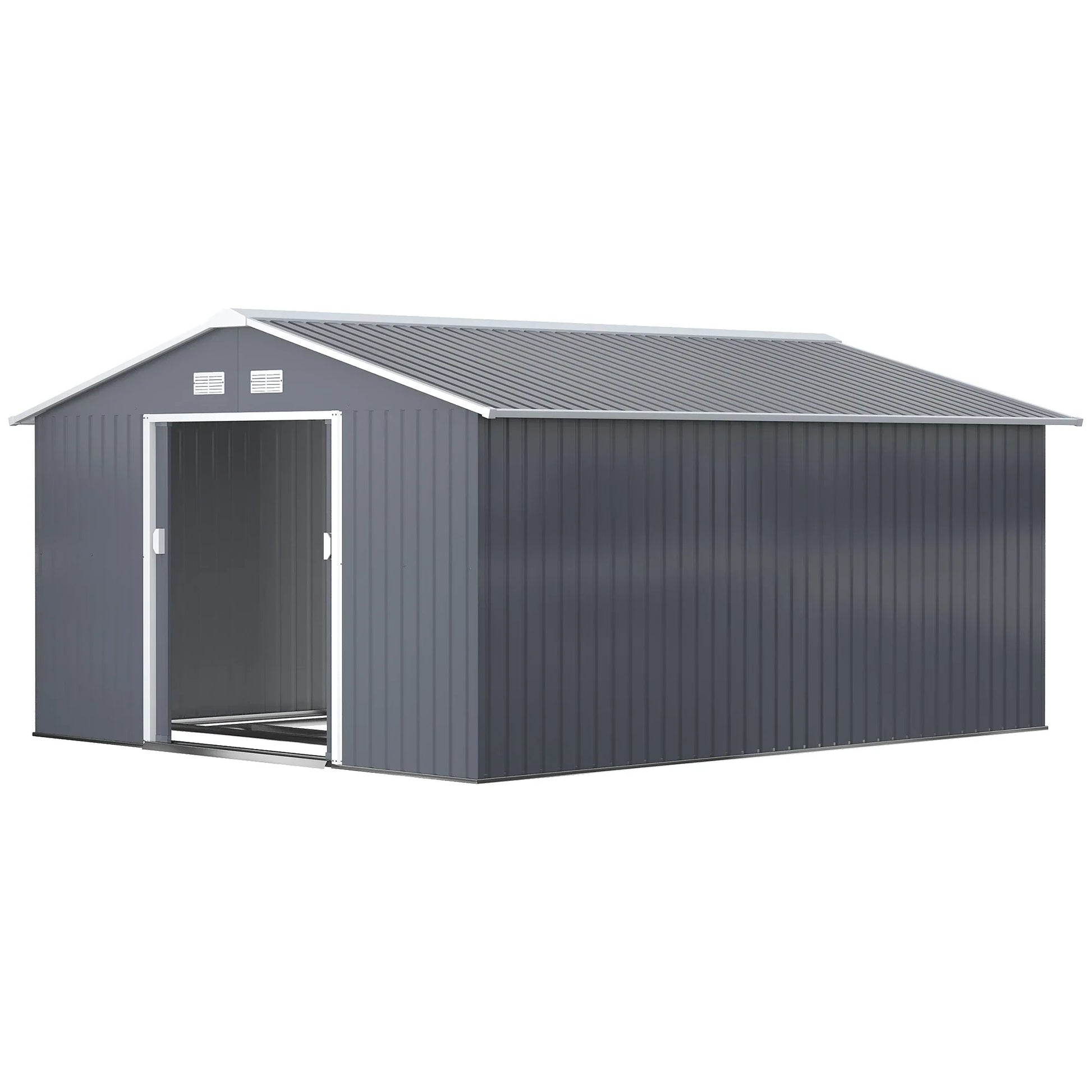 Abrigo de Jardim Metálico 340x386x200cm Abrigo de Exterior para Armazenamento de Ferramentas com Base Incluida 4 Janelas de Ventilação e Porta Corredeira Cinza