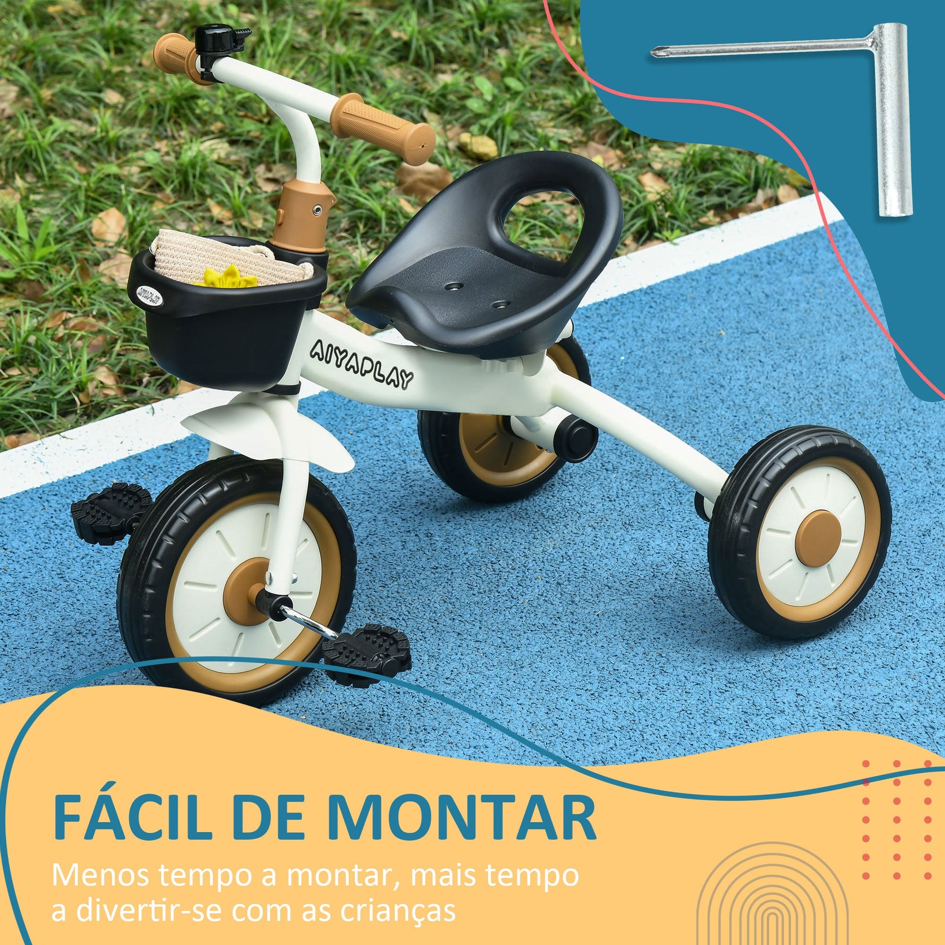AIYAPLAY Triciclo para Crianças de 2 a 5 anos Triciclo Infantil com Assento Ajustável Cesta Buzina e Pedais e 3 Rodas Carga Máxima 25 kg 70,5x53x58 cm Bege e Marrom