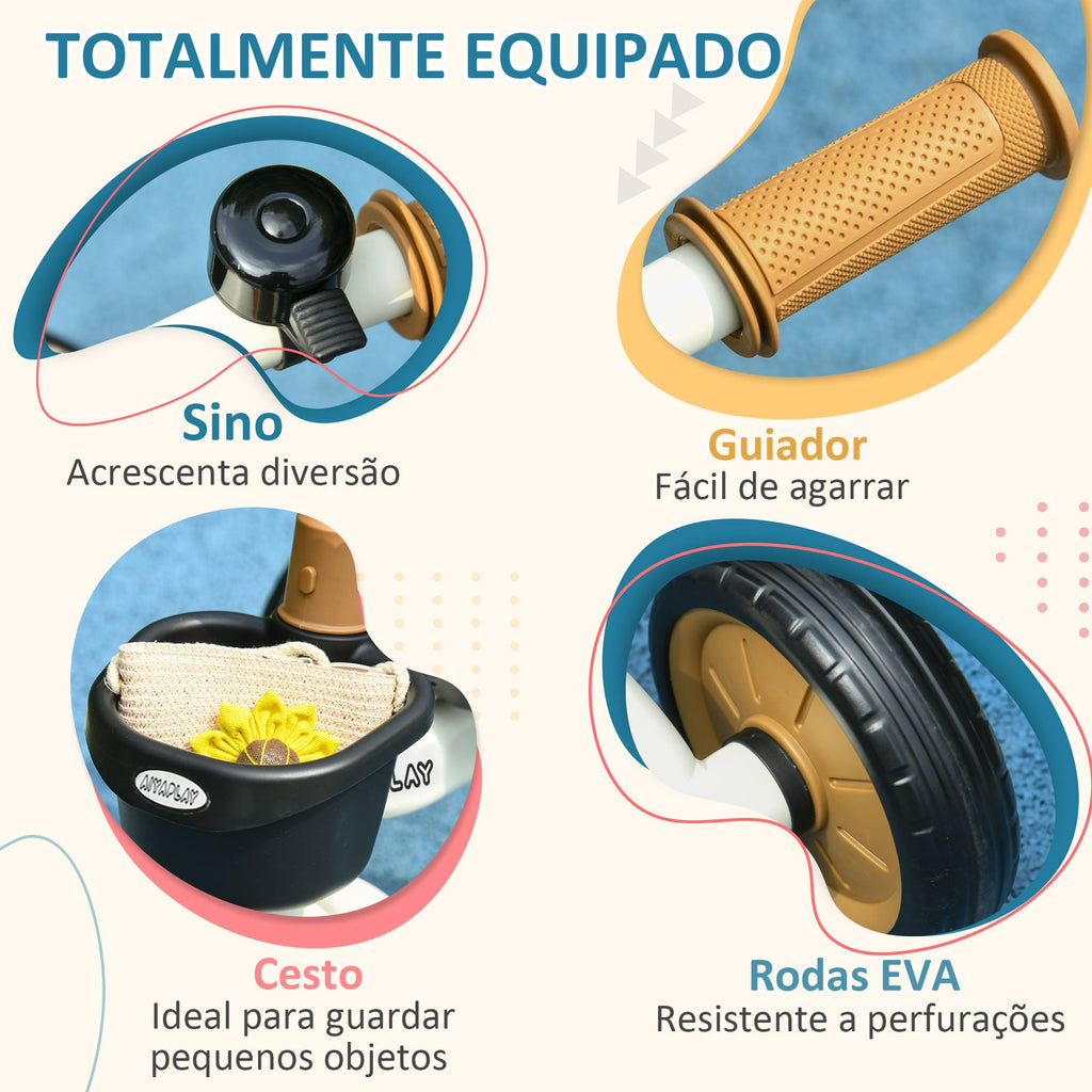 AIYAPLAY Triciclo para Crianças de 2 a 5 anos Triciclo Infantil com Assento Ajustável Cesta Buzina e Pedais e 3 Rodas Carga Máxima 25 kg 70,5x53x58 cm Bege e Marrom
