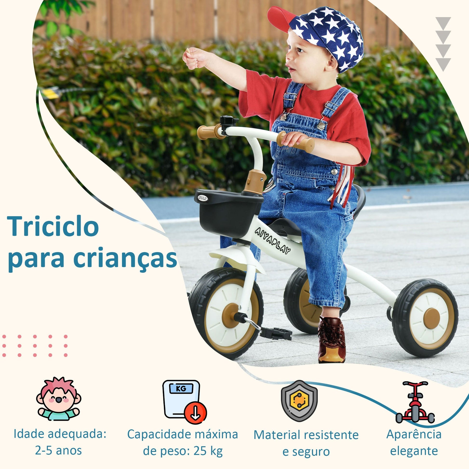 AIYAPLAY Triciclo para Crianças de 2 a 5 anos Triciclo Infantil com Assento Ajustável Cesta Buzina e Pedais e 3 Rodas Carga Máxima 25 kg 70,5x53x58 cm Bege e Marrom