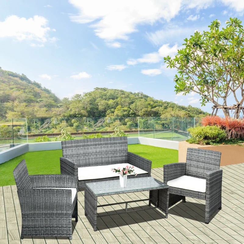 Conjunto Móveis de Jardim de Vime Conjunto de 4 Peças Incluindo 1 Sofá de 2 Lugares 2 Poltronas e 1 Mesa de Centro com Bancada de Vidro para Varanda Cinza