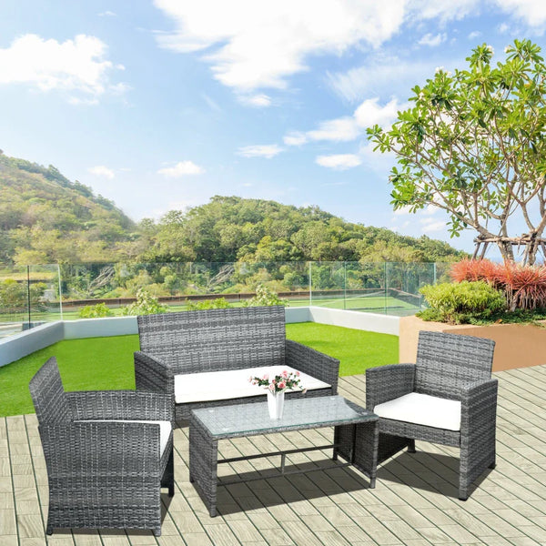 Conjunto Móveis de Jardim de Vime Conjunto de 4 Peças Incluindo 1 Sofá de 2 Lugares 2 Poltronas e 1 Mesa de Centro com Bancada de Vidro para Varanda Cinza