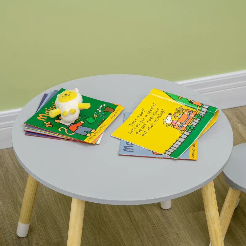 Conjunto de Mesa e 2 Cadeiras de Madeira para Crianças com Mesa Redonda Ø59x50cm e Cadeiras Ø28x51 Mobiliário Infantil para Sala de Jogos Quarto Cinza e Madeira