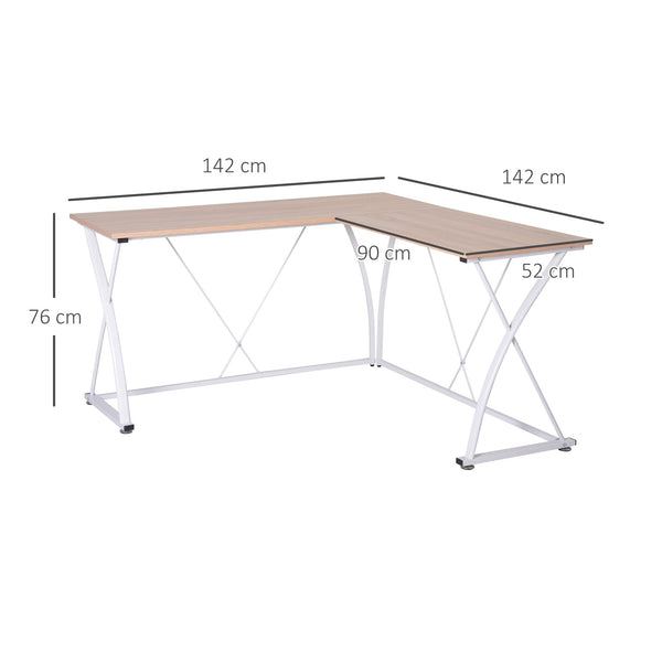 Secretária de Canto Mesa de Computador em Forma de L com Estrutura de Aço 142x142x76cm Natural e Branco