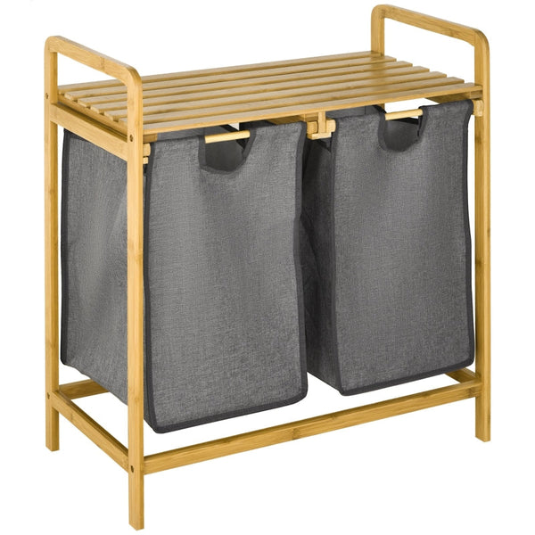 Cesto de Roupa de Bambu Cesto de Roupa Suja para Lavandaria com 2 Bolsas Amovíveis e Prateleira para Dormitório Casa de Banho Lavandaria 63,5x33x73 cm Madeira e Cinza