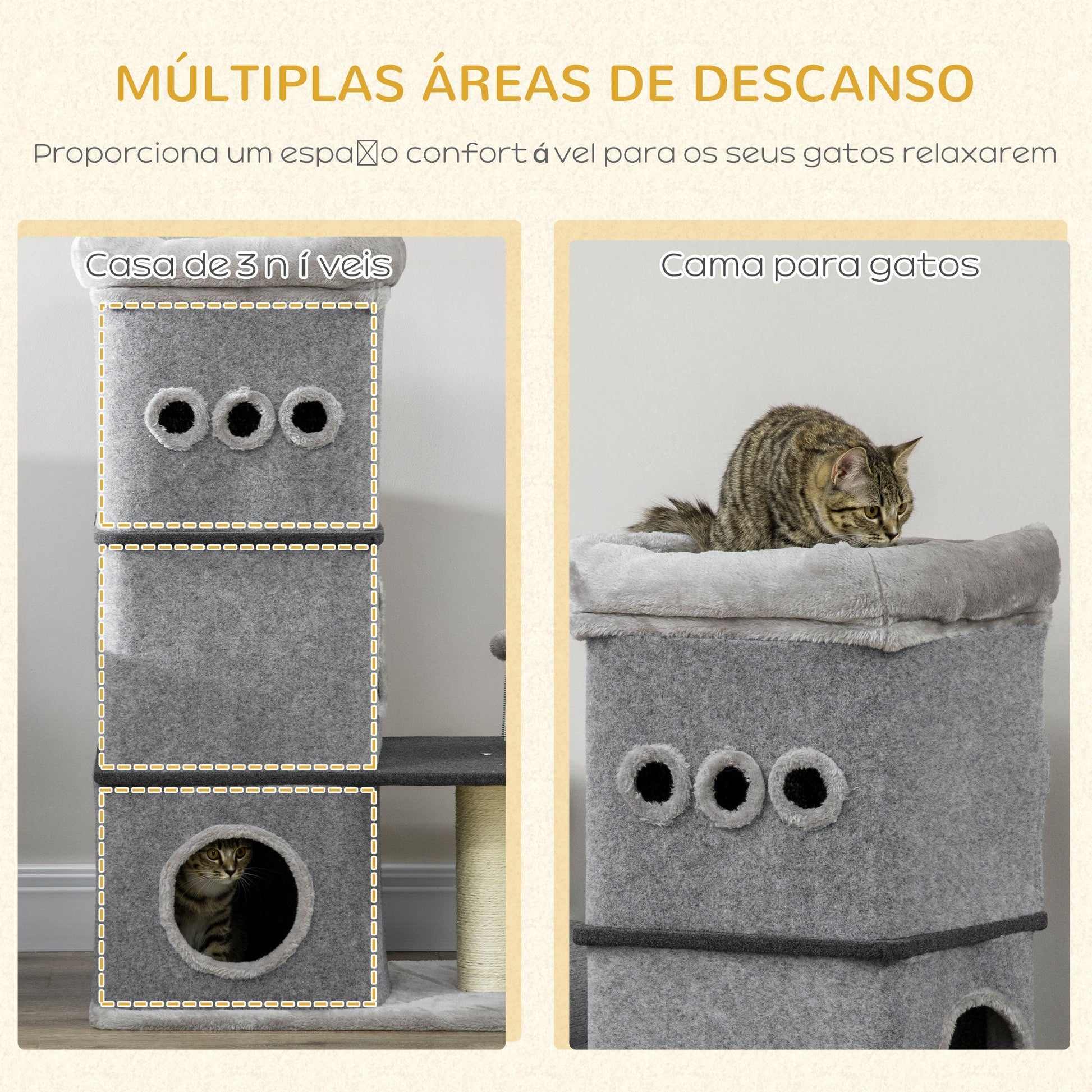 PawHut Arranhador em Forma de Cilindro para Gatos com 3 Níveis Altura 102cm Torre para Gatos com Casa de Feltro Desmontável Poste de Sisal Cama e Bola de Brincar 60x40x120cm Cinza - A minha loja