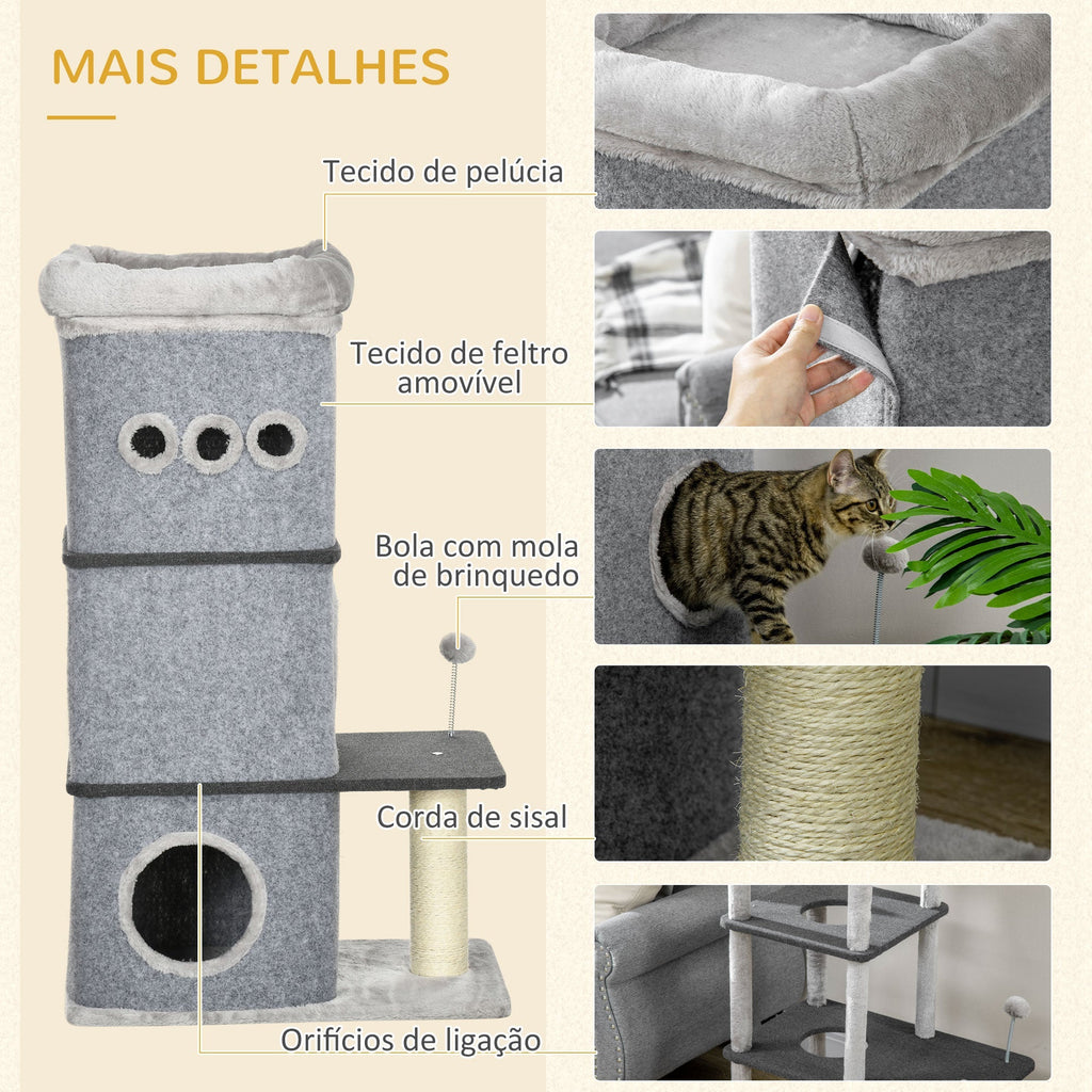 PawHut Arranhador em Forma de Cilindro para Gatos com 3 Níveis Altura 102cm Torre para Gatos com Casa de Feltro Desmontável Poste de Sisal Cama e Bola de Brincar 60x40x120cm Cinza - A minha loja