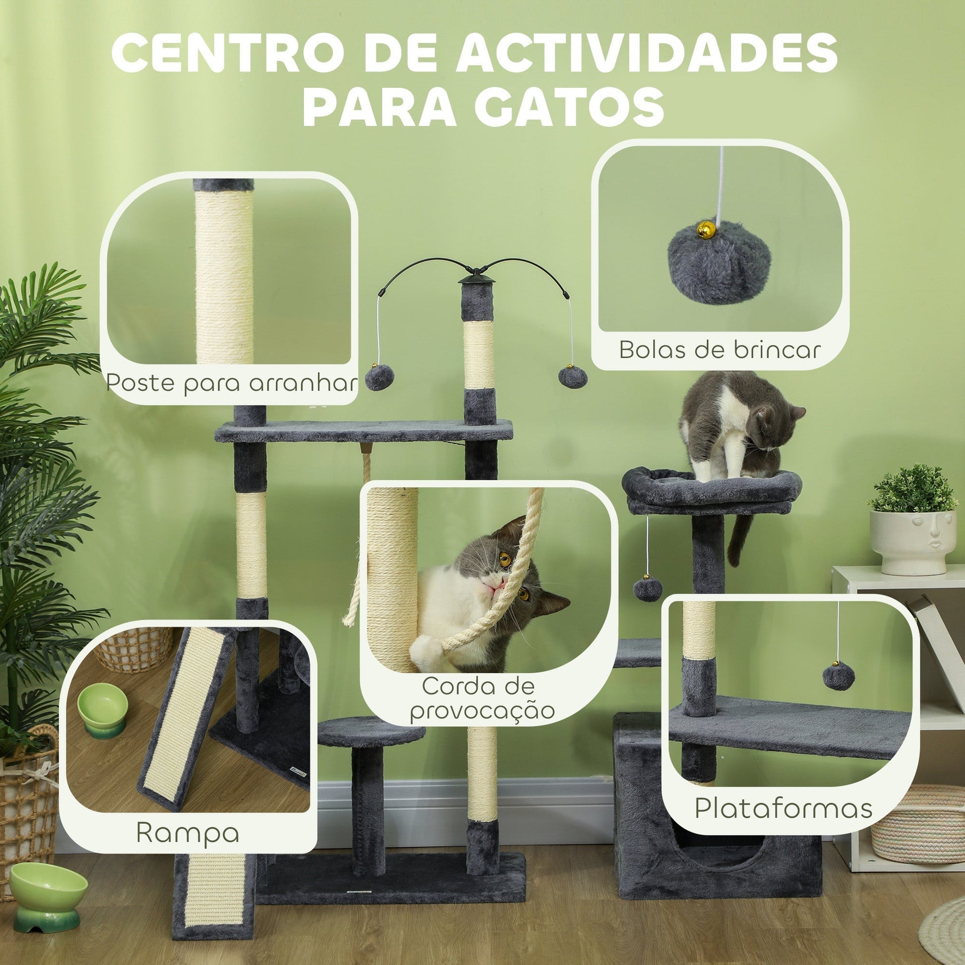 PawHut Arranhador para Gatos 134 cm Torre de Arranhar para Gatos com Caverna Plataformas Bolas de Jogar e Postes de Sisal 124,5x40x134 cm Cinza Escuro - A minha loja