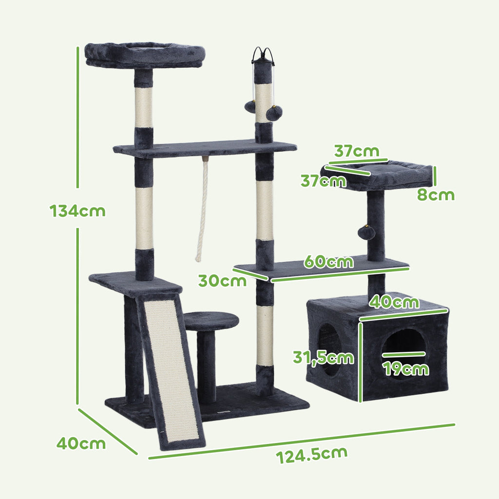 PawHut Arranhador para Gatos 134 cm Torre de Arranhar para Gatos com Caverna Plataformas Bolas de Jogar e Postes de Sisal 124,5x40x134 cm Cinza Escuro - A minha loja
