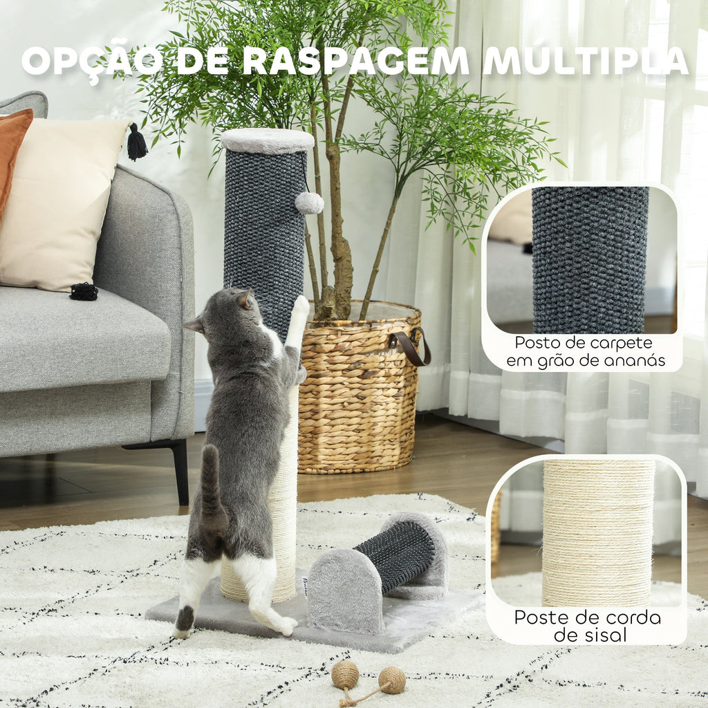 PawHut Arranhador para Gatos 85 cm Arranhador para Gatos com Poste de Sisal Escova de Auto Higiene e Bola Suspensa Cinza e Creme - A minha loja