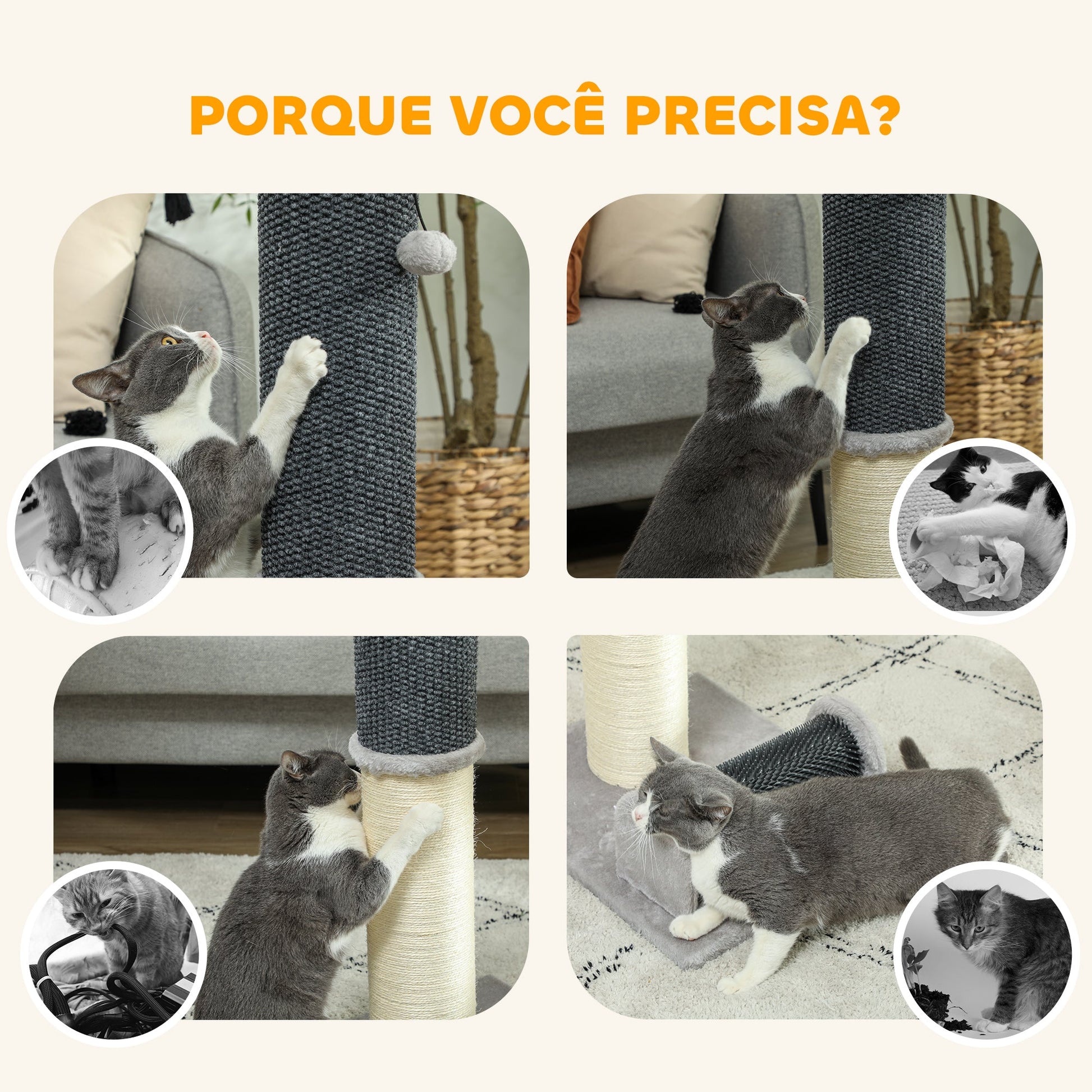 PawHut Arranhador para Gatos 85 cm Arranhador para Gatos com Poste de Sisal Escova de Auto Higiene e Bola Suspensa Cinza e Creme - A minha loja