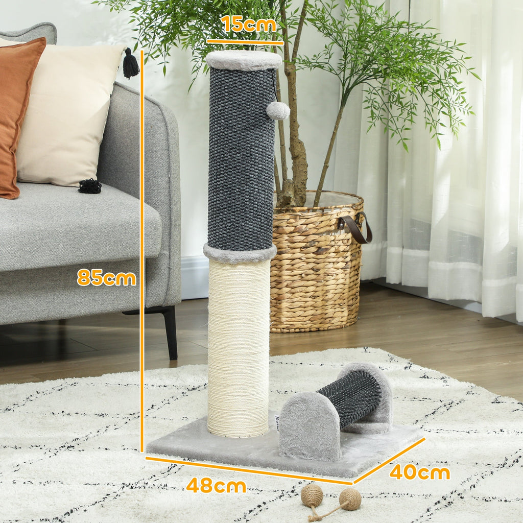 PawHut Arranhador para Gatos 85 cm Arranhador para Gatos com Poste de Sisal Escova de Auto Higiene e Bola Suspensa Cinza e Creme - A minha loja