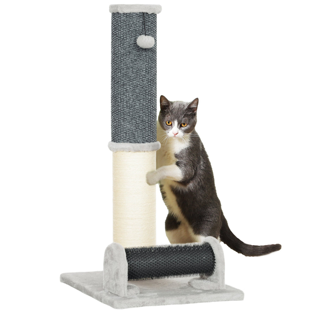 PawHut Arranhador para Gatos 85 cm Arranhador para Gatos com Poste de Sisal Escova de Auto Higiene e Bola Suspensa Cinza e Creme - A minha loja
