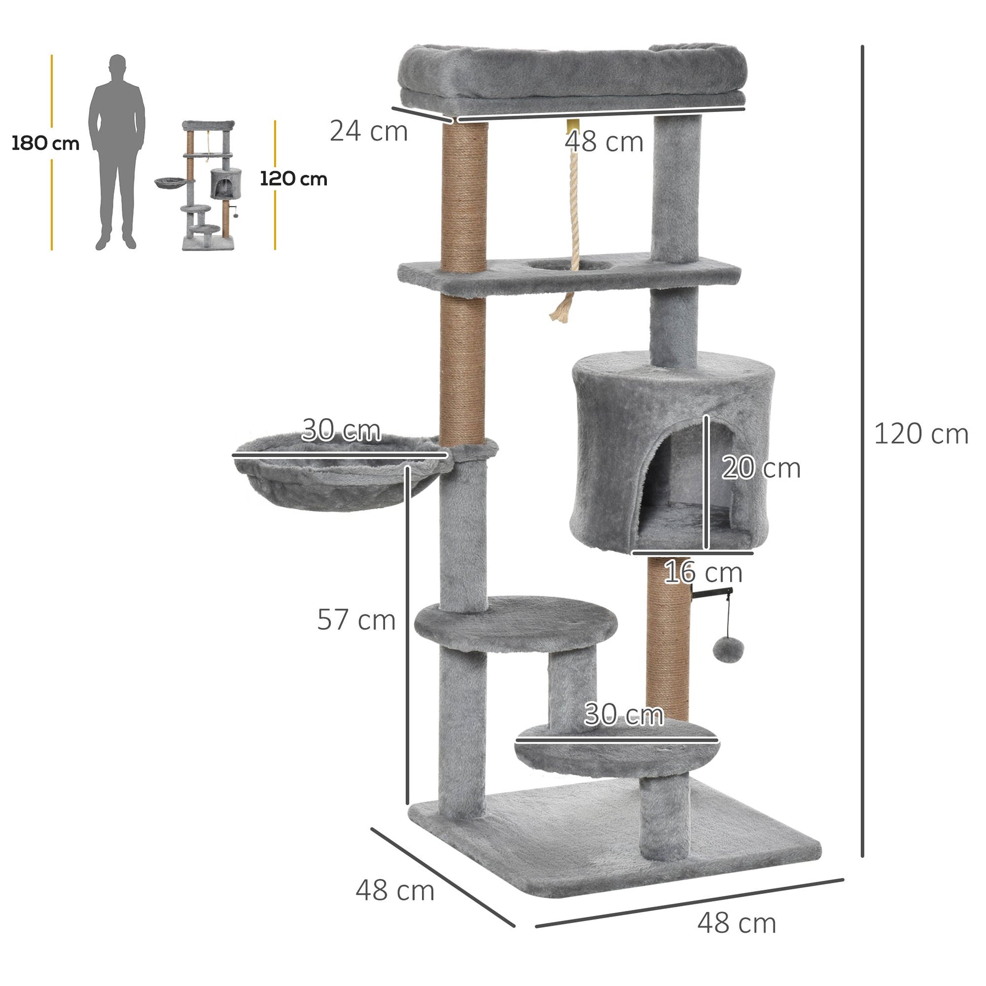 PawHut Arranhador para Gatos Altura 120 cm Torre para Gatos com Plataforma Caverna Rede Postes de Juta Corda e Bola Suspensa 48x48x120 cm Cinza - A minha loja
