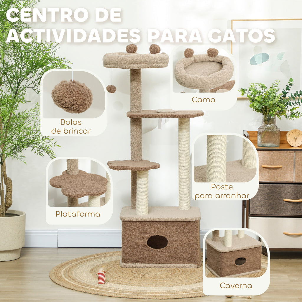 PawHut Arranhador para Gatos Altura 133 cm Arranhador para Gatos com Cama Caverna Plataformas Bola Suspensa e Poste de Juta 48x40x133 cm Marrom - A minha loja