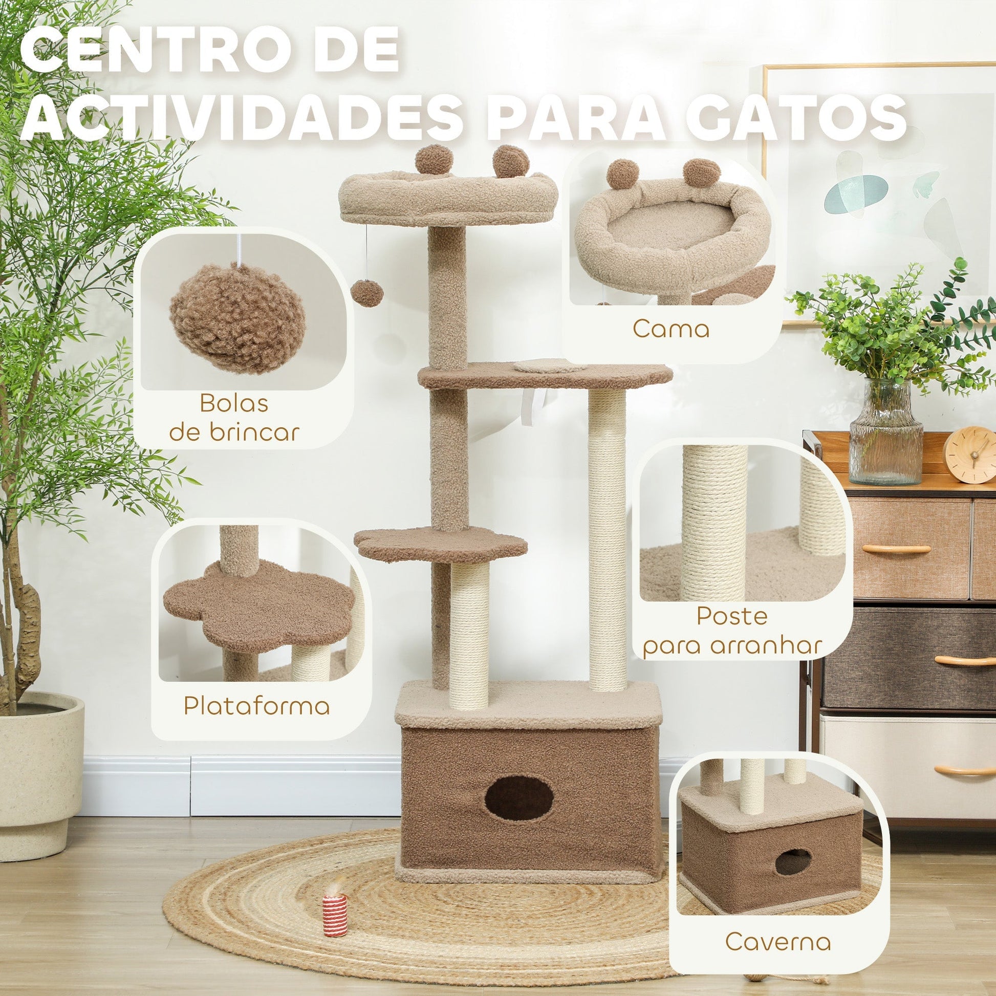 PawHut Arranhador para Gatos Altura 133 cm Arranhador para Gatos com Cama Caverna Plataformas Bola Suspensa e Poste de Juta 48x40x133 cm Marrom - A minha loja