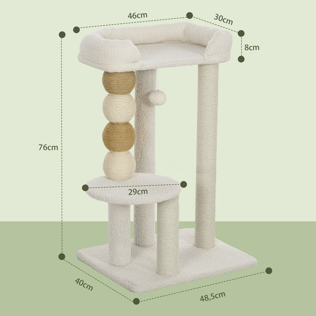 PawHut Arranhador para Gatos Altura 76 cm Arranhador para Gatos com Estofado em Borrego Plataformas Bola Suspensa e Poste de Juta Bege - A minha loja