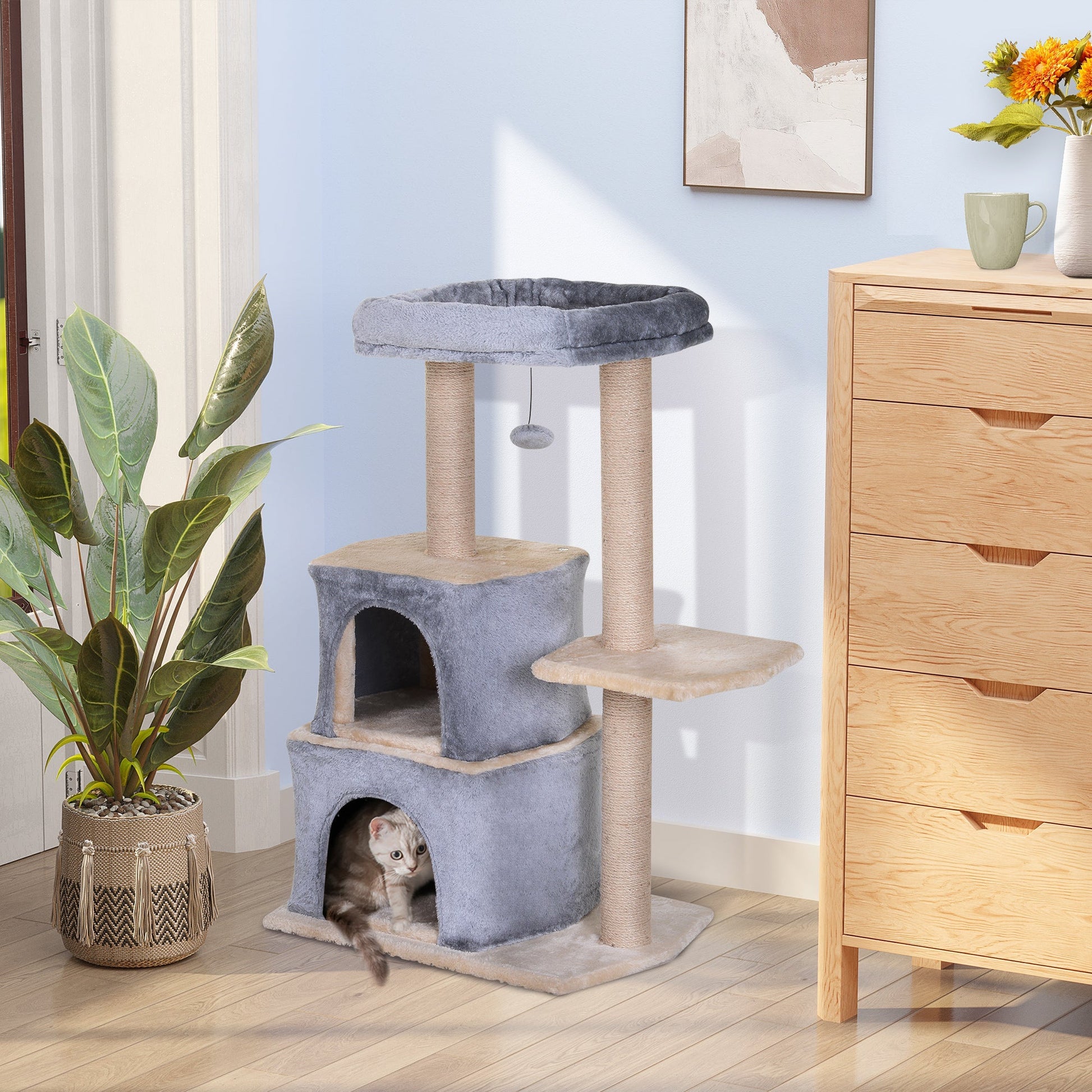 PawHut Arranhador para Gatos Árvore Arranhador para Gatos com 2 Casas Plataformas Brinquedo Suspenso e Postes de Arranhar de Sisal 60x40x92cm Cinza - A minha loja