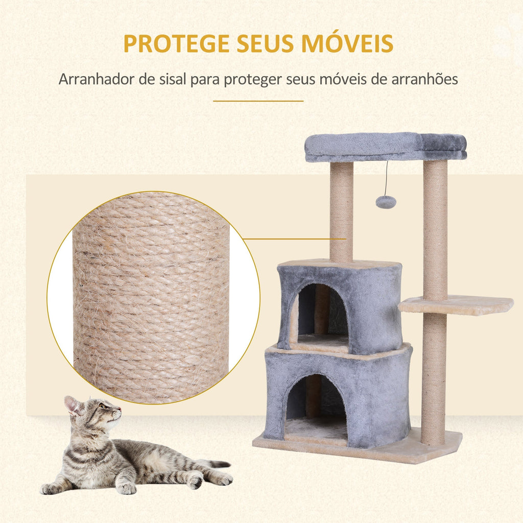 PawHut Arranhador para Gatos Árvore Arranhador para Gatos com 2 Casas Plataformas Brinquedo Suspenso e Postes de Arranhar de Sisal 60x40x92cm Cinza - A minha loja