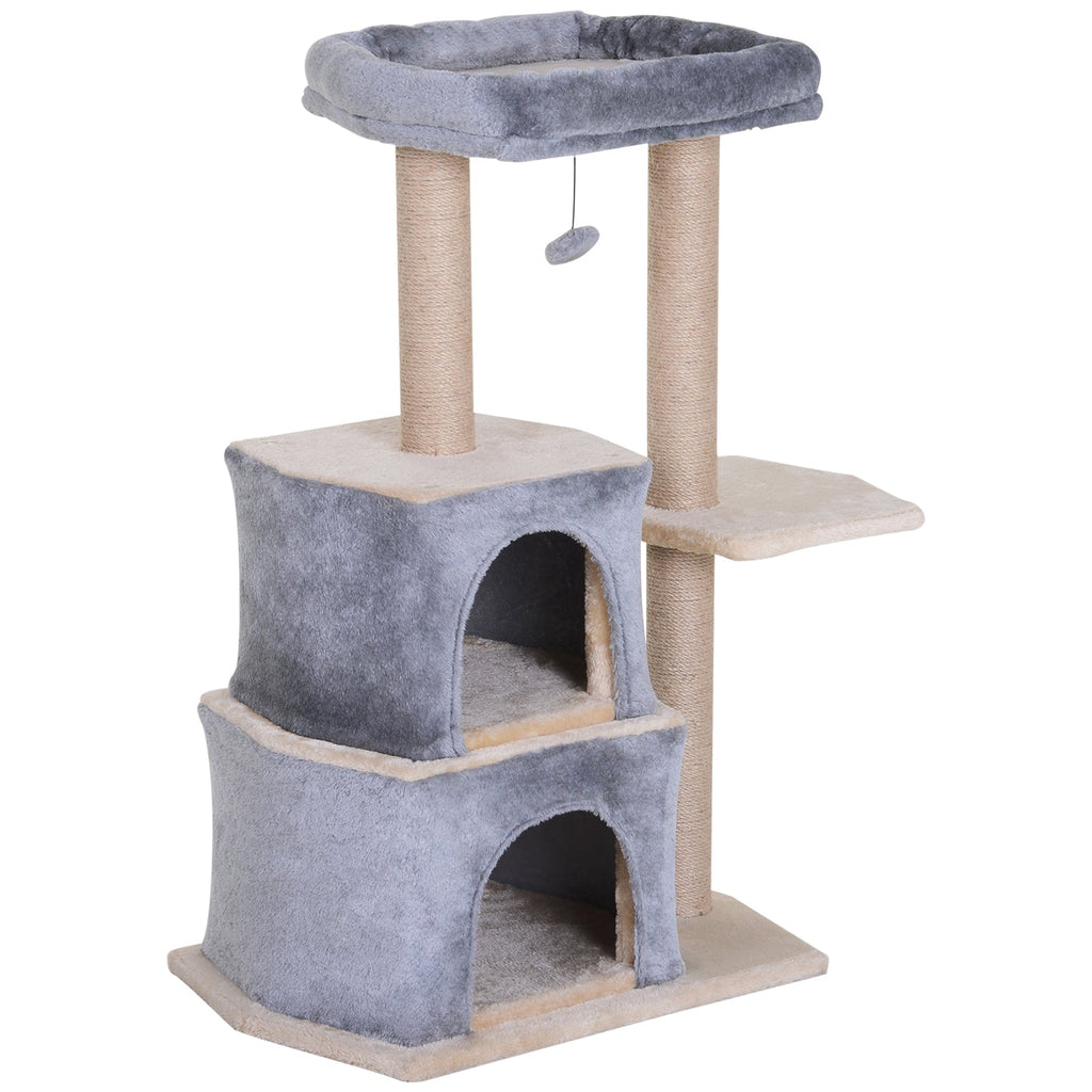 PawHut Arranhador para Gatos Árvore Arranhador para Gatos com 2 Casas Plataformas Brinquedo Suspenso e Postes de Arranhar de Sisal 60x40x92cm Cinza - A minha loja