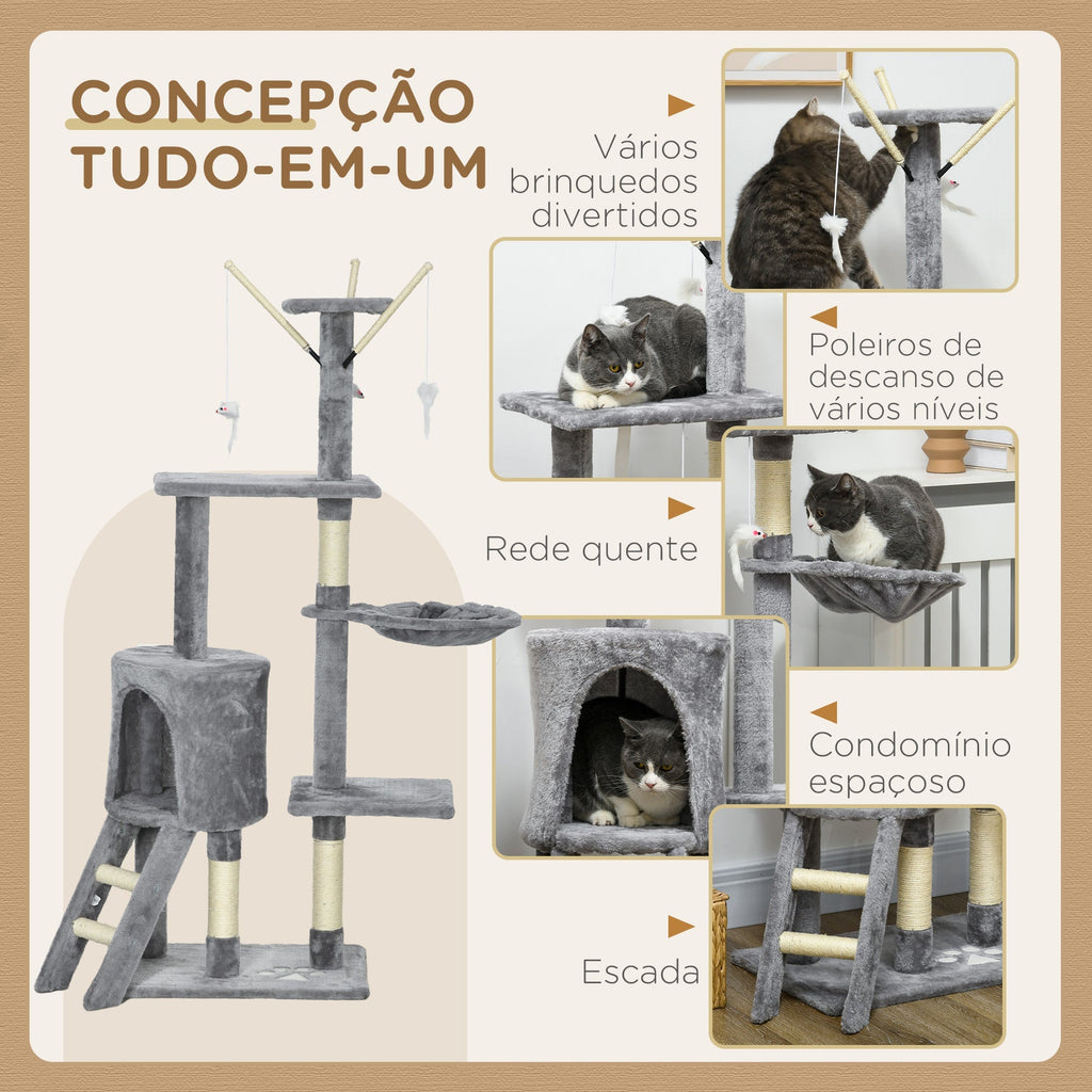 PawHut Arranhador para Gatos de 134,2 cm Torre para Gatos com Caverna Plataformas Rato de Brinquedo Rede e Postes de Sisal 50x35x134,2 cm Cinza - A minha loja