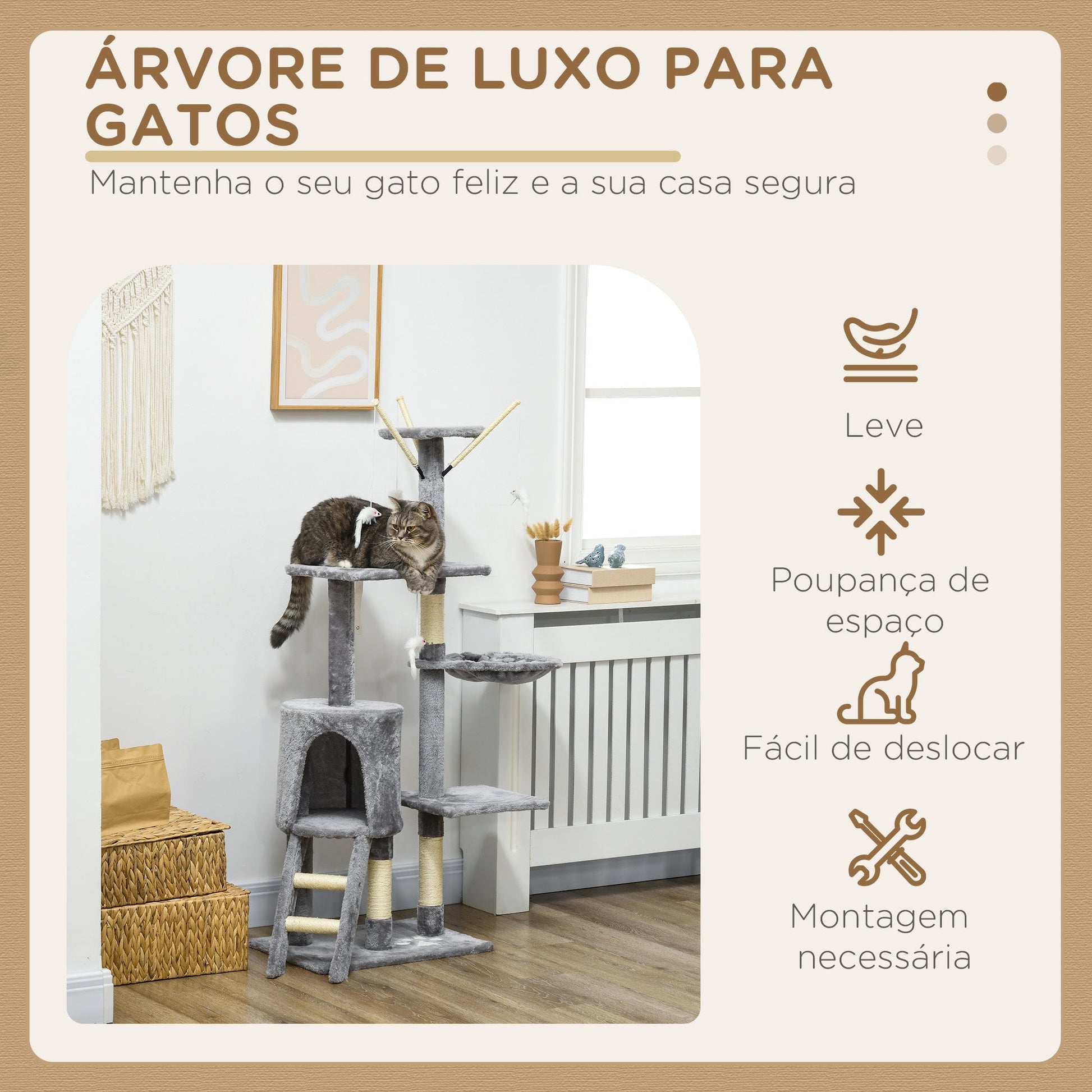 PawHut Arranhador para Gatos de 134,2 cm Torre para Gatos com Caverna Plataformas Rato de Brinquedo Rede e Postes de Sisal 50x35x134,2 cm Cinza - A minha loja