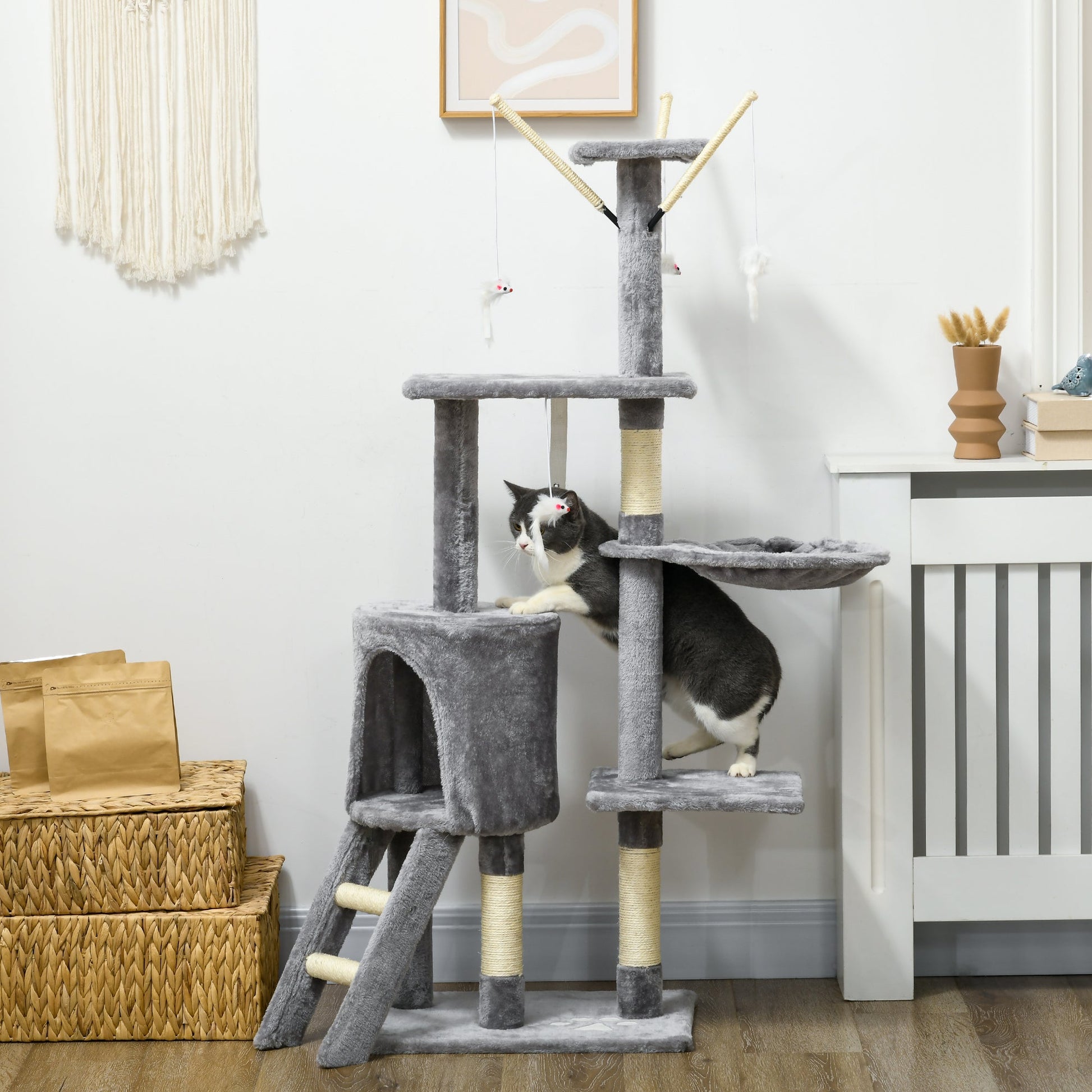 PawHut Arranhador para Gatos de 134,2 cm Torre para Gatos com Caverna Plataformas Rato de Brinquedo Rede e Postes de Sisal 50x35x134,2 cm Cinza - A minha loja