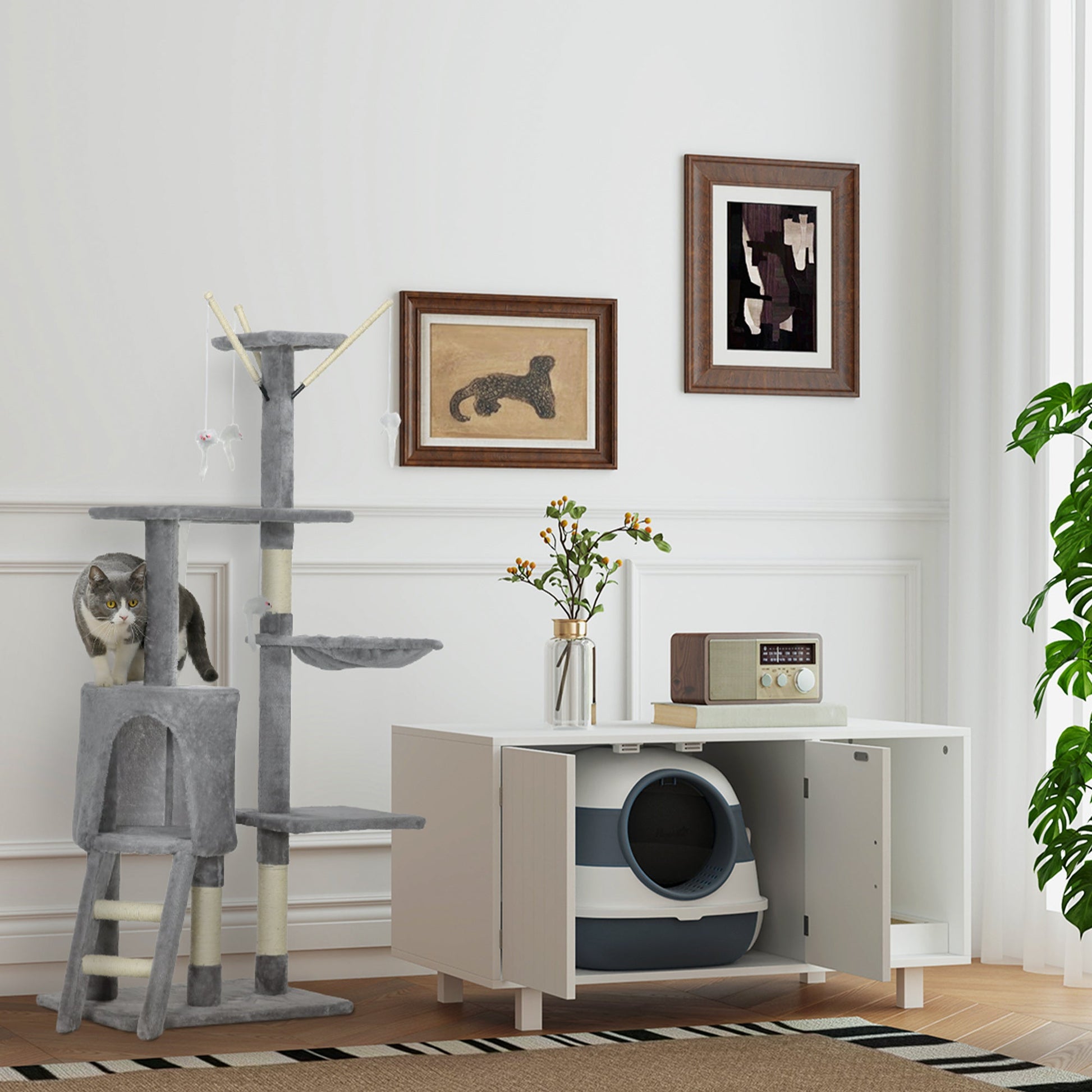 PawHut Arranhador para Gatos de 134,2 cm Torre para Gatos com Caverna Plataformas Rato de Brinquedo Rede e Postes de Sisal 50x35x134,2 cm Cinza - A minha loja