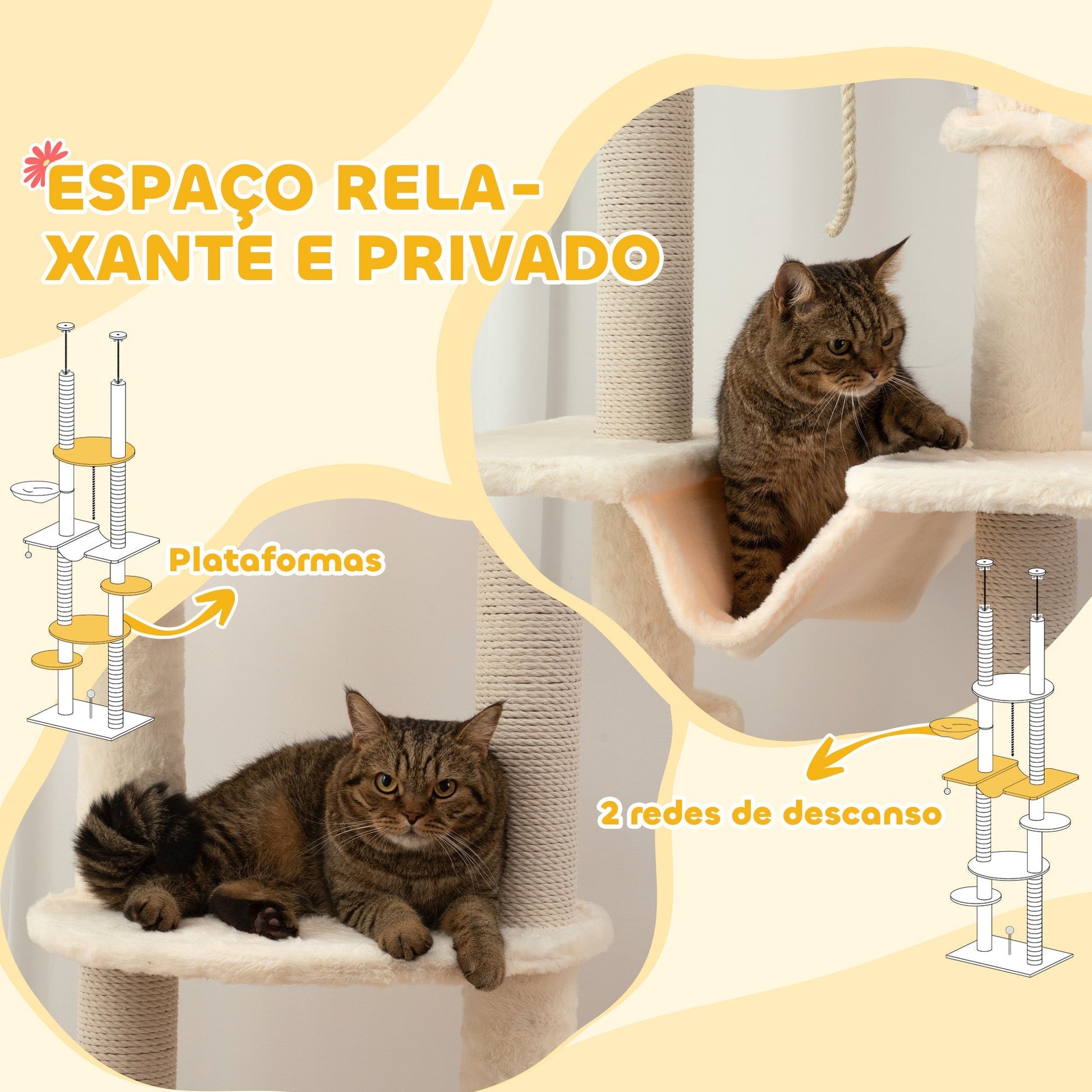 PawHut Arranhador para Gatos do Chão ao Teto 225 - 255 cm Arranhador para Gatos com 7 Níveis Rede Plataformas Postes de Arranhar Bola Suspensa Bege e Cinza - A minha loja