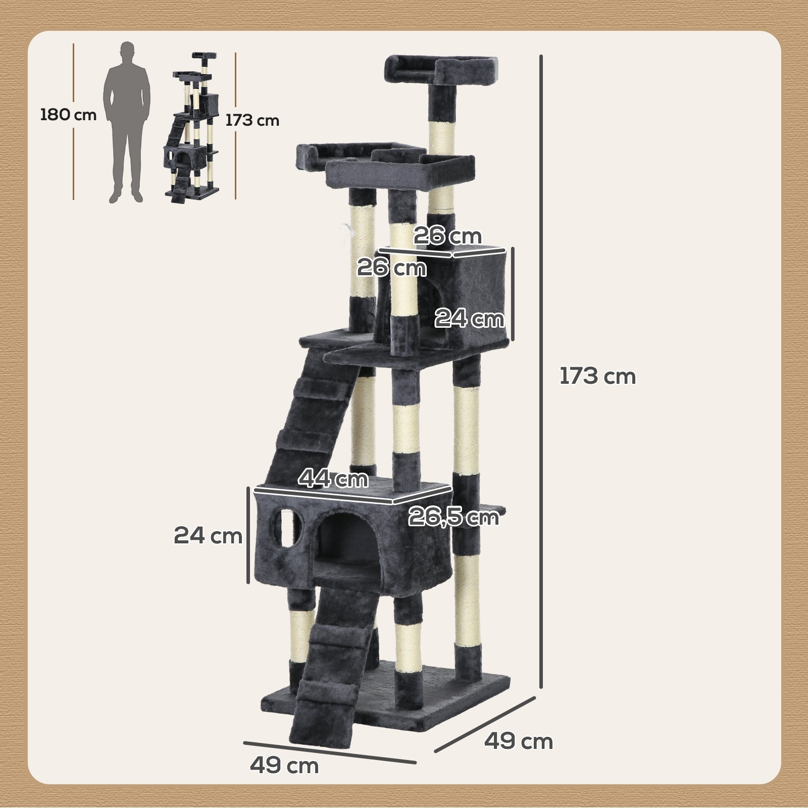 PawHut Arranhador para Gatos Grande 49x49x173 cm com Múltiplos Níveis Cavernas Brinquedos Suspensos Centro de Atividades de Sisal Cinza Escuro - A minha loja