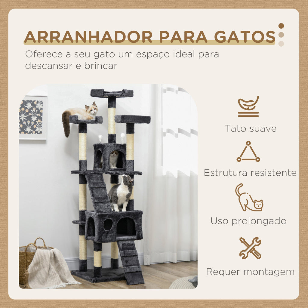 PawHut Arranhador para Gatos Grande 49x49x173 cm com Múltiplos Níveis Cavernas Brinquedos Suspensos Centro de Atividades de Sisal Cinza Escuro - A minha loja