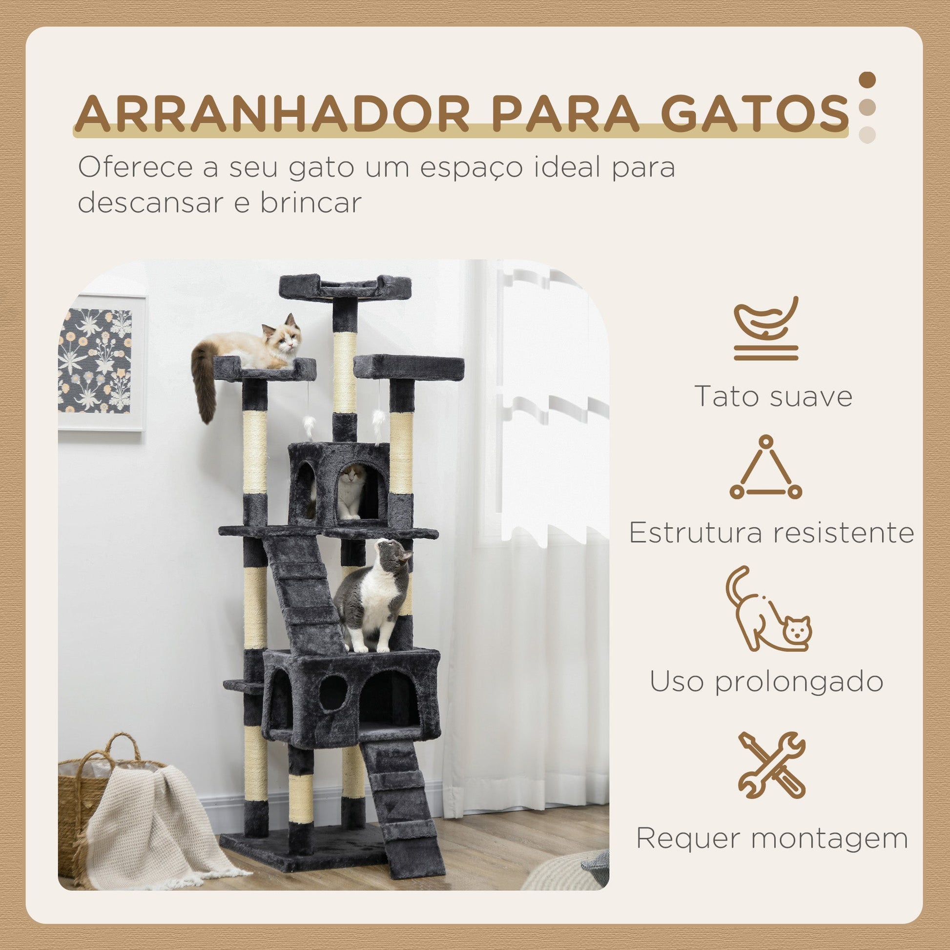 PawHut Arranhador para Gatos Grande 49x49x173 cm com Múltiplos Níveis Cavernas Brinquedos Suspensos Centro de Atividades de Sisal Cinza Escuro - A minha loja