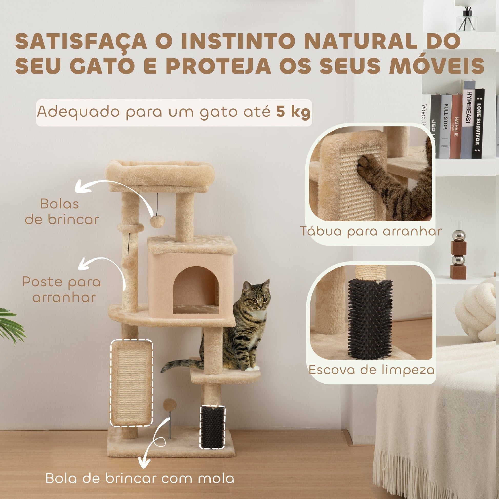 PawHut Arranhador para Gatos Grande Altura 104 cm Arranhador para Gatos com Plataformas Postes com Escova Bolas Suspensas e Almofadas para Arranhar Bege - A minha loja
