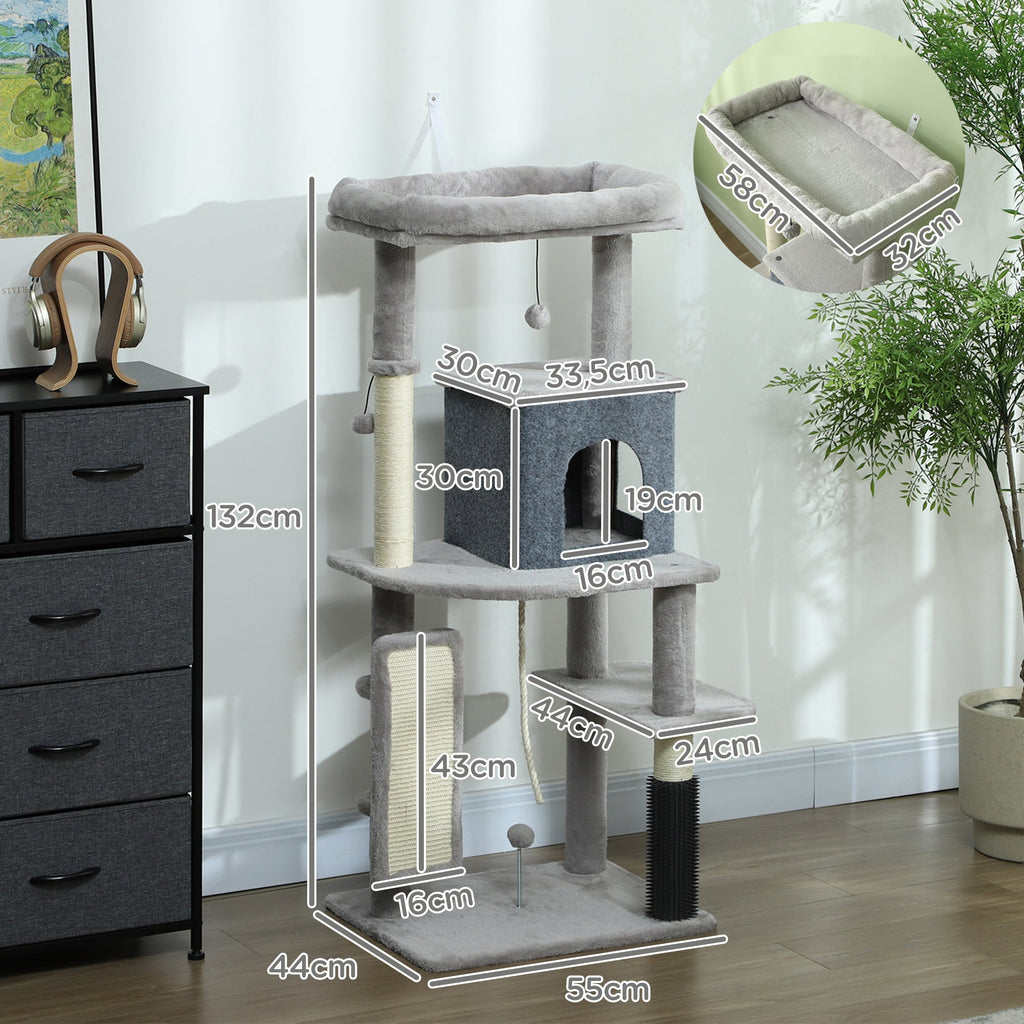 PawHut Arranhador para Gatos Grande Altura 132 cm Arranhador para Gatos com Plataformas Postes com Escova Bolas Suspensas e Almofadas para Arranhar Cinza - A minha loja