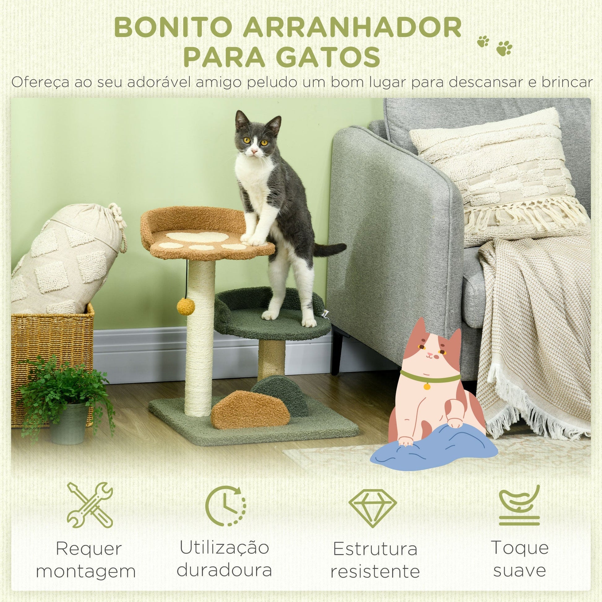 PawHut Arranhador para Gatos Pequeno com 52 cm Torre para Gatos Centro de Atividades para Gatos com Cama Poste de Sisal e Bola Suspensa 43x39x52 cm Multicor - A minha loja