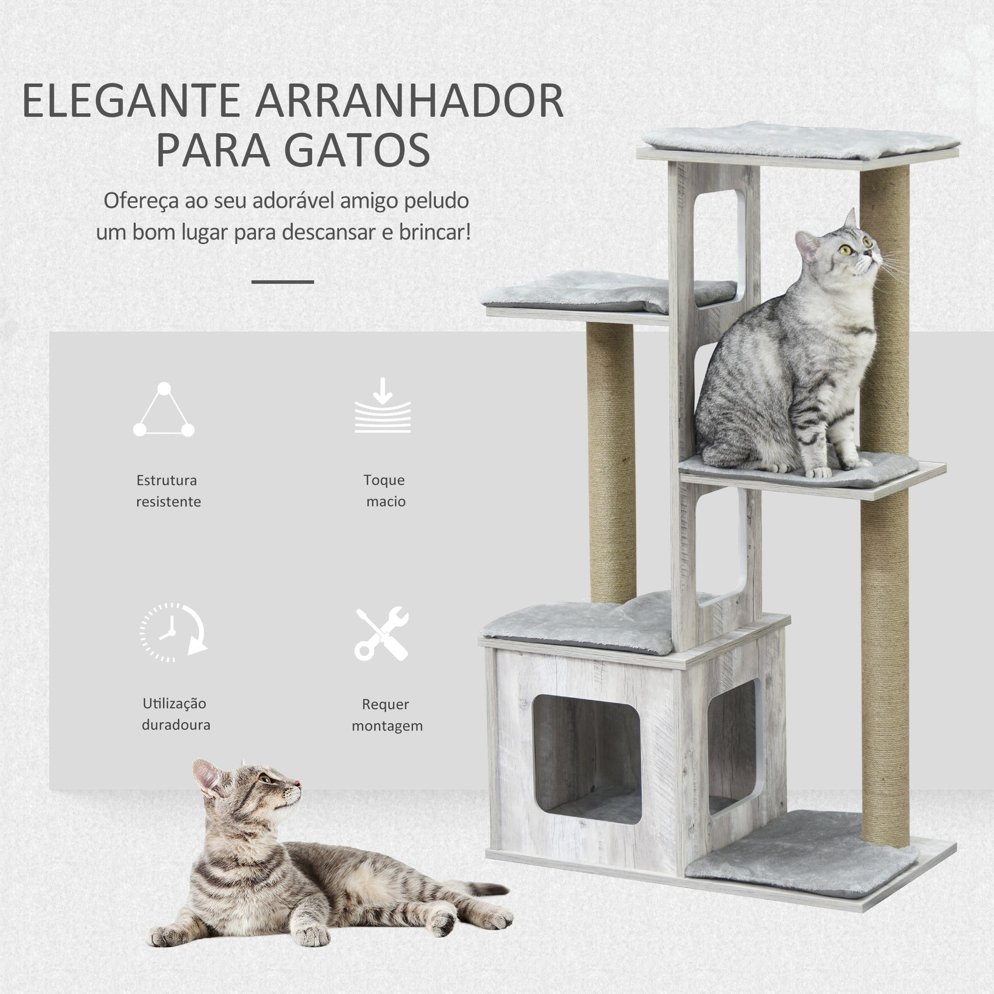 PawHut Árvore Arranhador para Gatos Arranhador de Gatos com Caverna Múltiplas Plataformas e Postes de Arranhar de Juta Brincadeira e Descanso 67x38,5x114cm Cinza - A minha loja