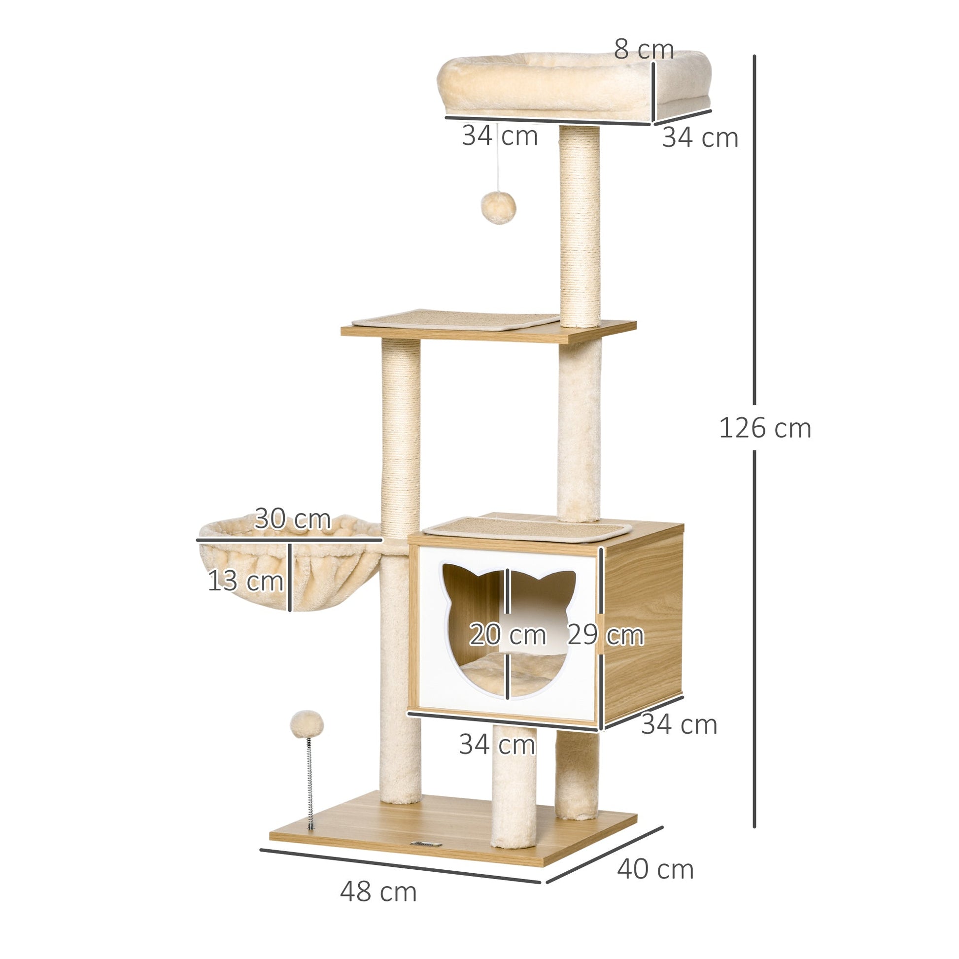 PawHut Árvore Arranhador para Gatos com Plataforma Altura 126 cm Torre de Escalar para Gatos com Rede Caverna Cama Postes de Sisal e Bolas de Brincar 48x40x126 cm Bege - A minha loja