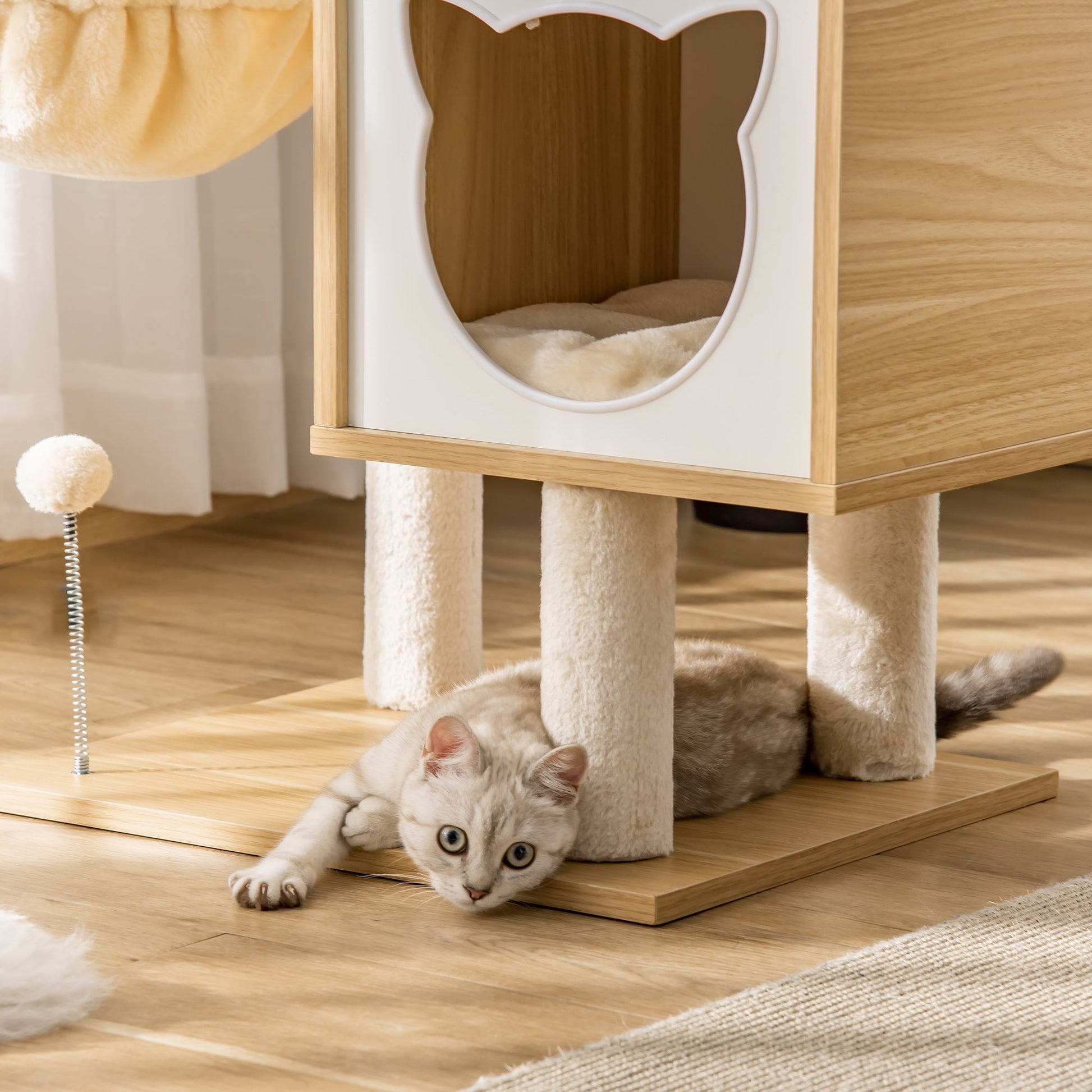 PawHut Árvore Arranhador para Gatos com Plataforma Altura 126 cm Torre de Escalar para Gatos com Rede Caverna Cama Postes de Sisal e Bolas de Brincar 48x40x126 cm Bege - A minha loja