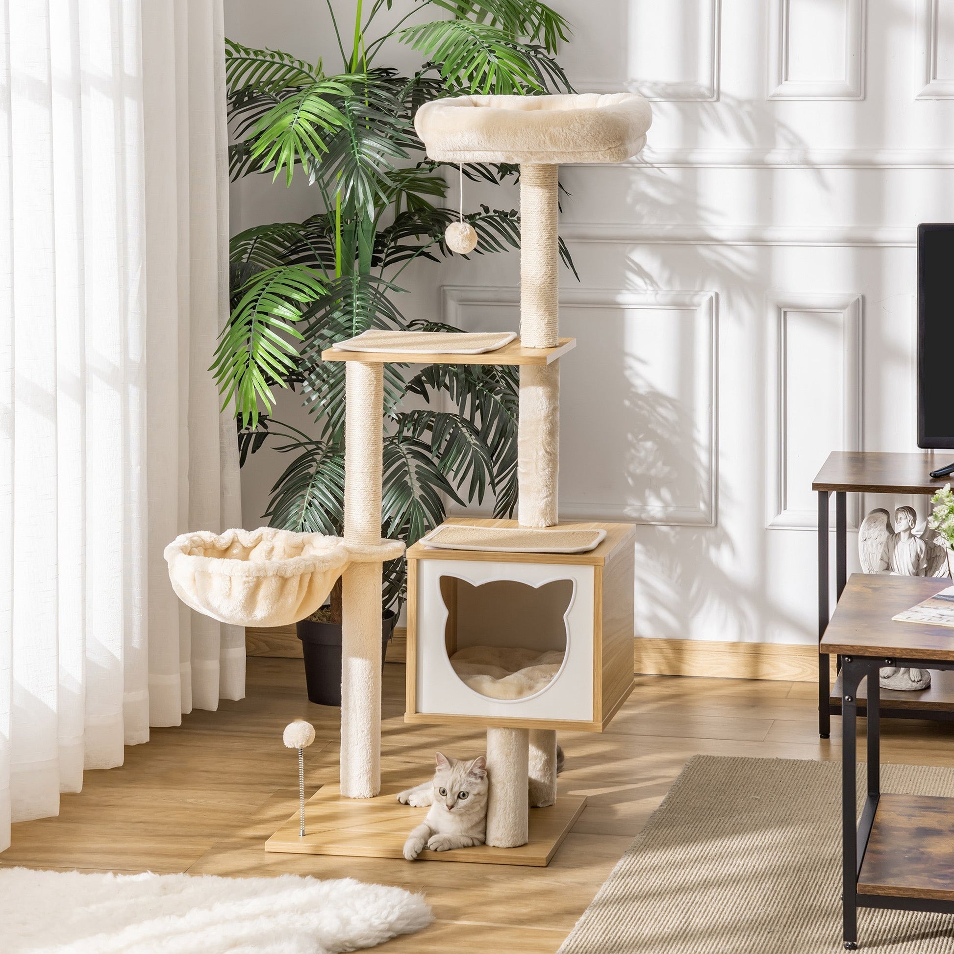 PawHut Árvore Arranhador para Gatos com Plataforma Altura 126 cm Torre de Escalar para Gatos com Rede Caverna Cama Postes de Sisal e Bolas de Brincar 48x40x126 cm Bege - A minha loja