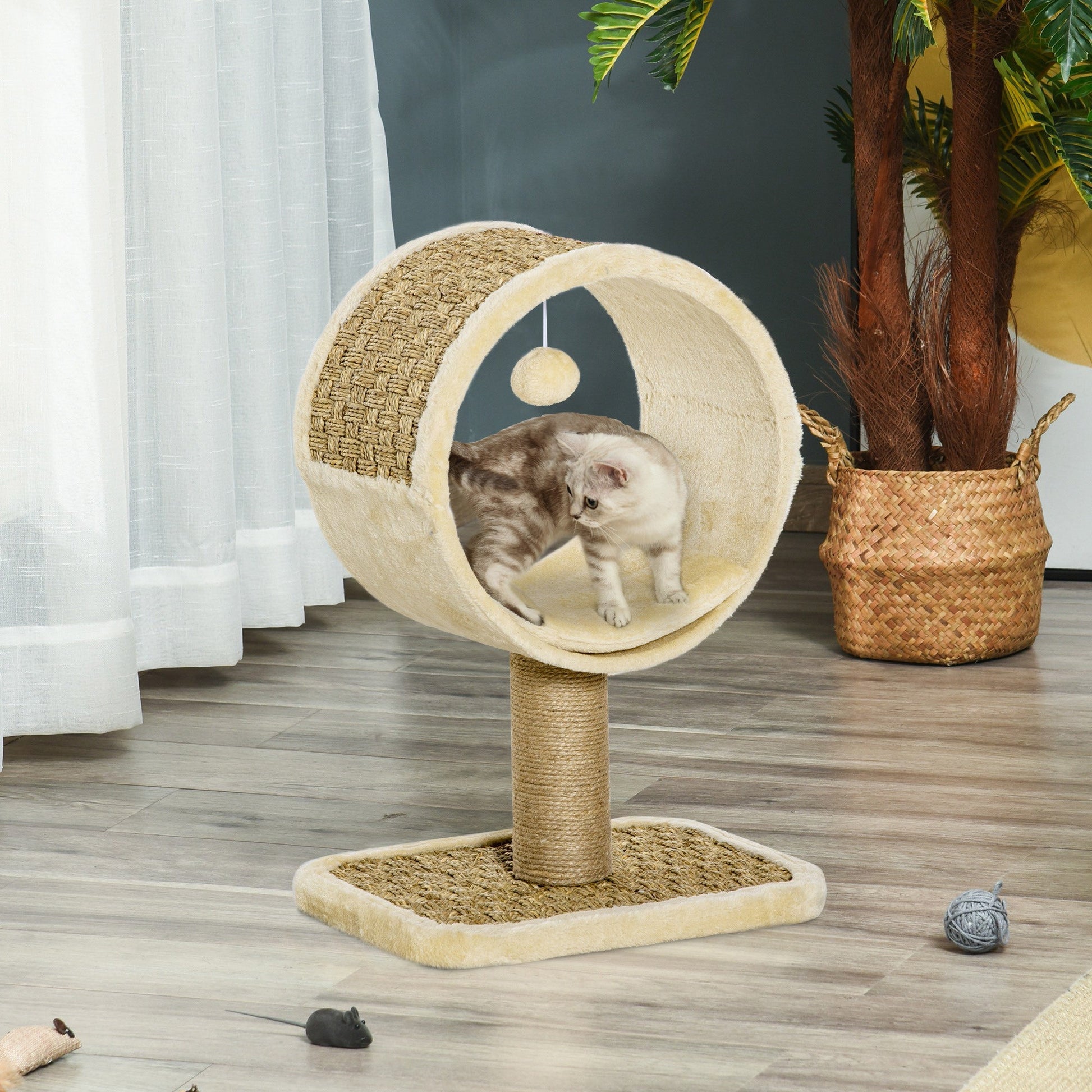 PawHut Árvore Arranhador para Gatos com Túnel Superior Poste Arranhador de Juta Natural Almofada Removível e Brinquedo Suspenso 40x30x56cm Bege - A minha loja