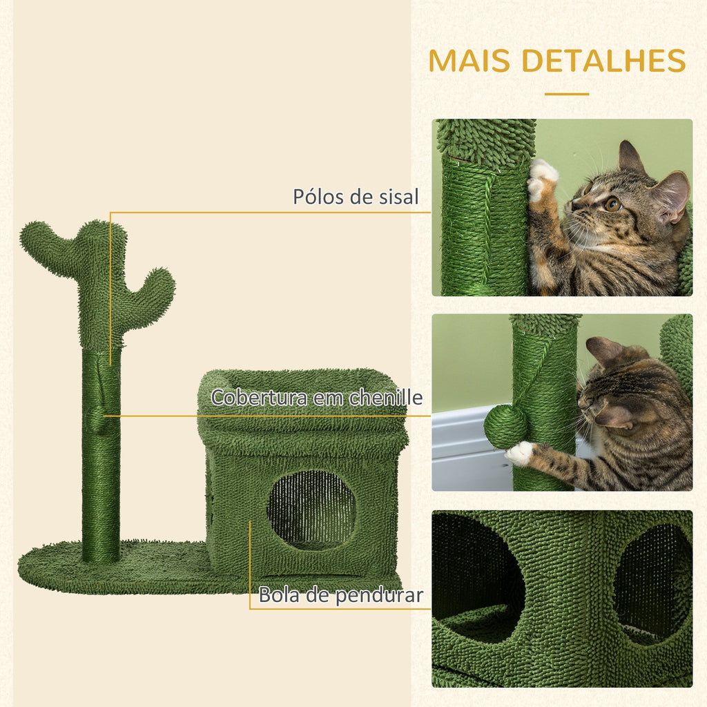 PawHut Árvore Arranhador para Gatos Desenho de Cacto Altura 83cm Torre para Gatos com Cama Casa de Pelúcia Poste de Sisal e Bola Suspensa 68x30x67cm Verde - A minha loja