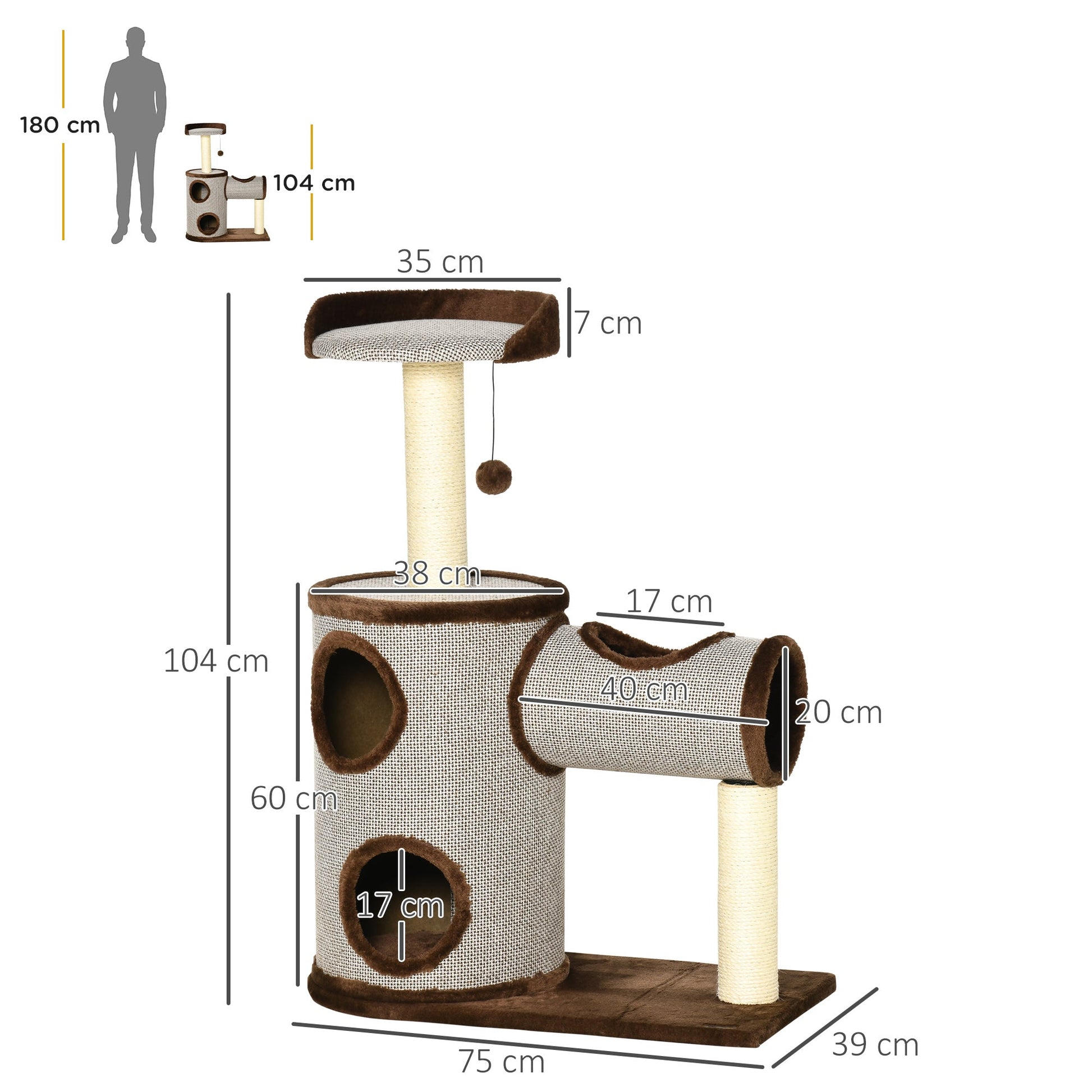 PawHut Árvore Arranhador para Gatos Médios Altura 104cm Torre de Escalada para Gatos com Barril Arranhador Plataforma Superior Túnel Poste de Sisal e Bola Suspensa 75x39x104cm Marrom - A minha loja