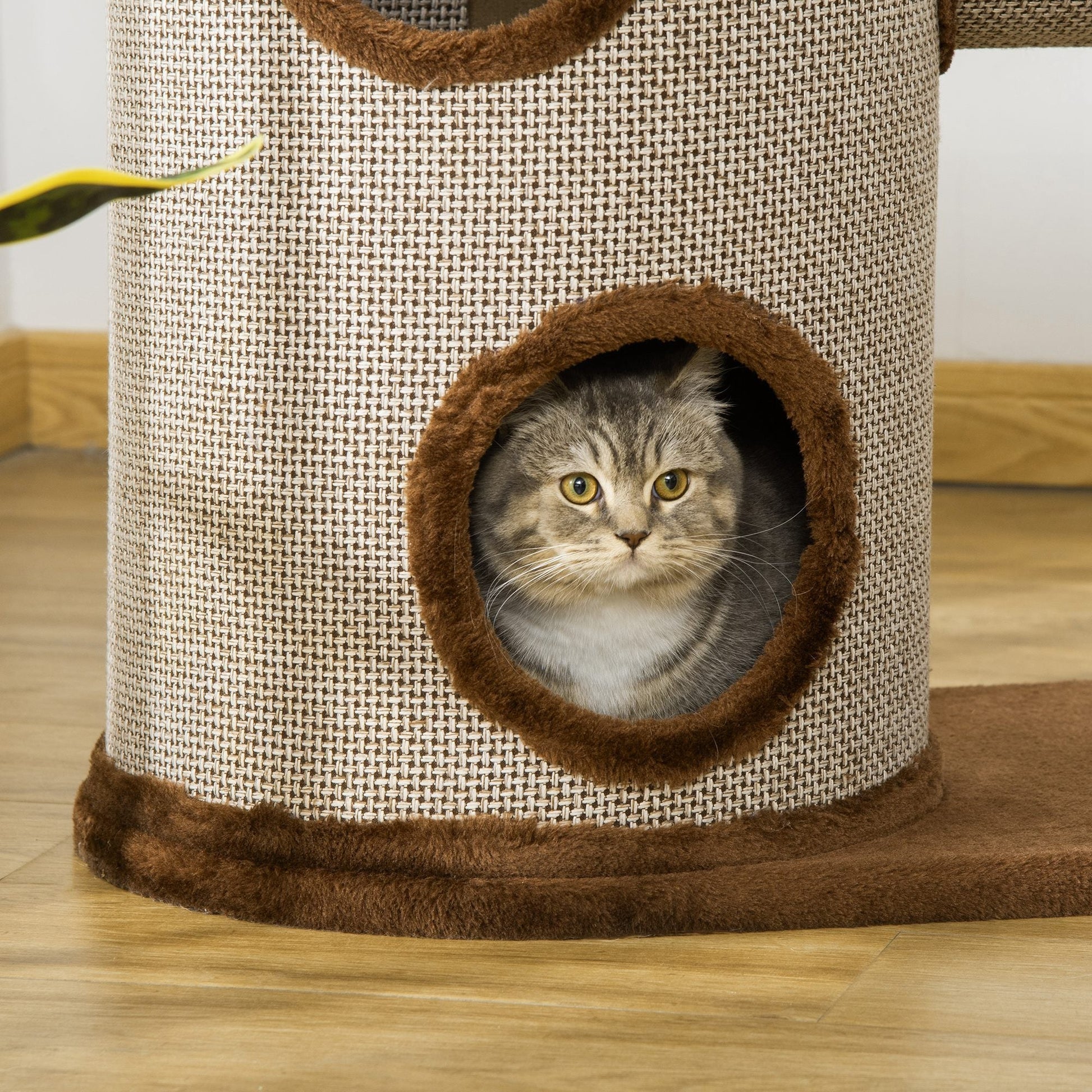 PawHut Árvore Arranhador para Gatos Médios Altura 104cm Torre de Escalada para Gatos com Barril Arranhador Plataforma Superior Túnel Poste de Sisal e Bola Suspensa 75x39x104cm Marrom - A minha loja