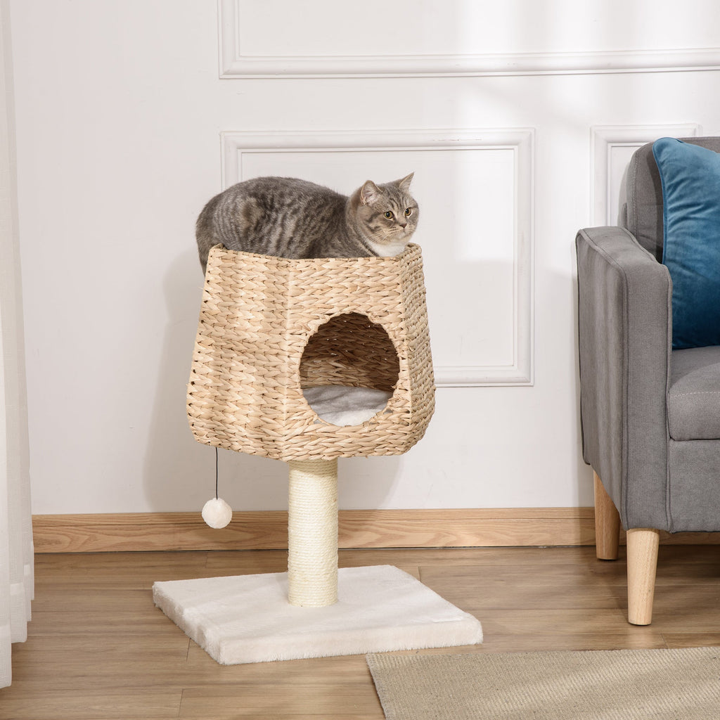 PawHut Árvore Arranhador para Gatos Pequena Altura 66cm Torre de Escalada para Gatos com Caverna de Junco Cama Superior Almofadas Poste Arranhador de Sisal e Bola Suspensa Creme e Natural - A minha loja