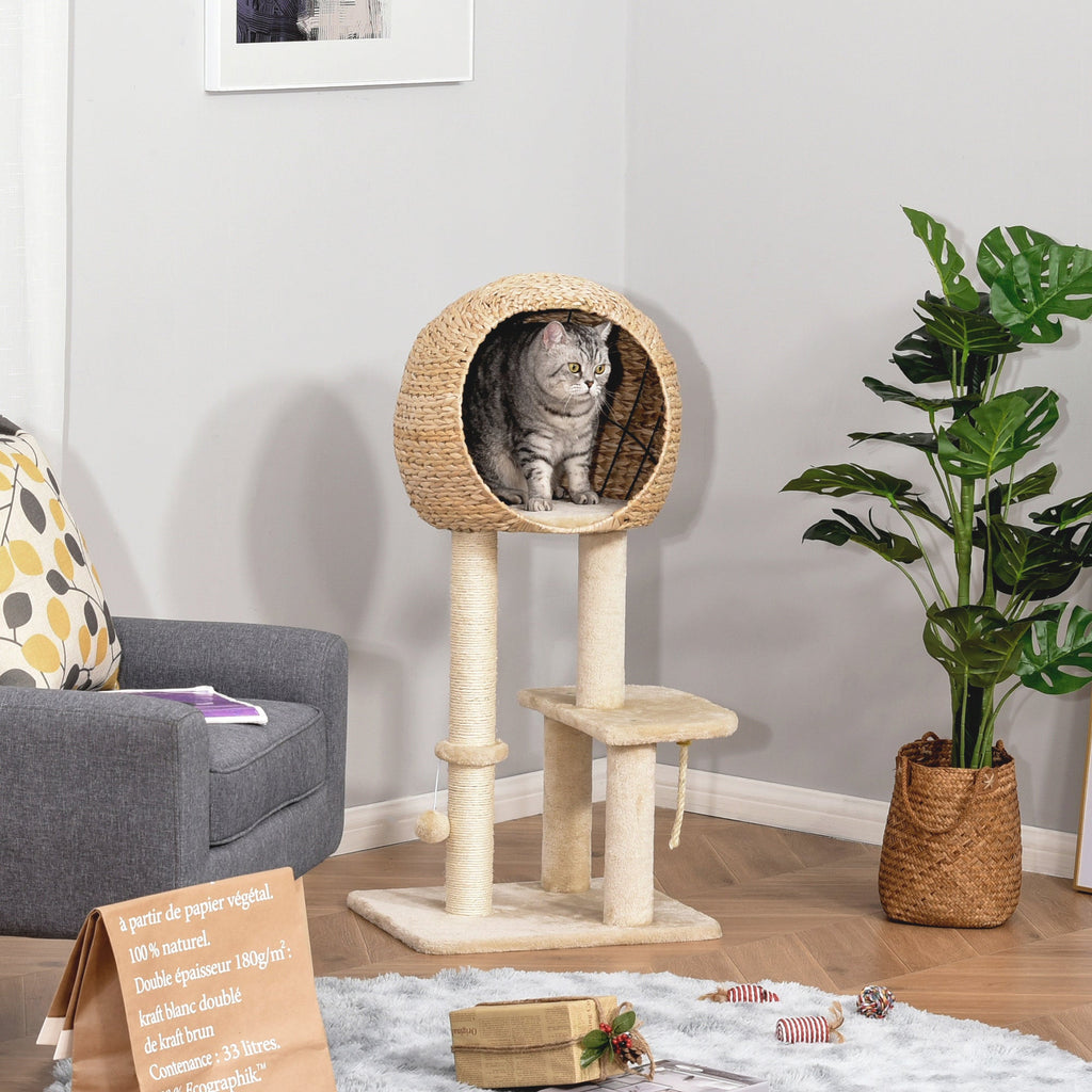 PawHut Árvore arranhador para gatos Torre de escalada com plataformas caverna corda de brincar poste de sisal 48x40x100 cm Bege - A minha loja